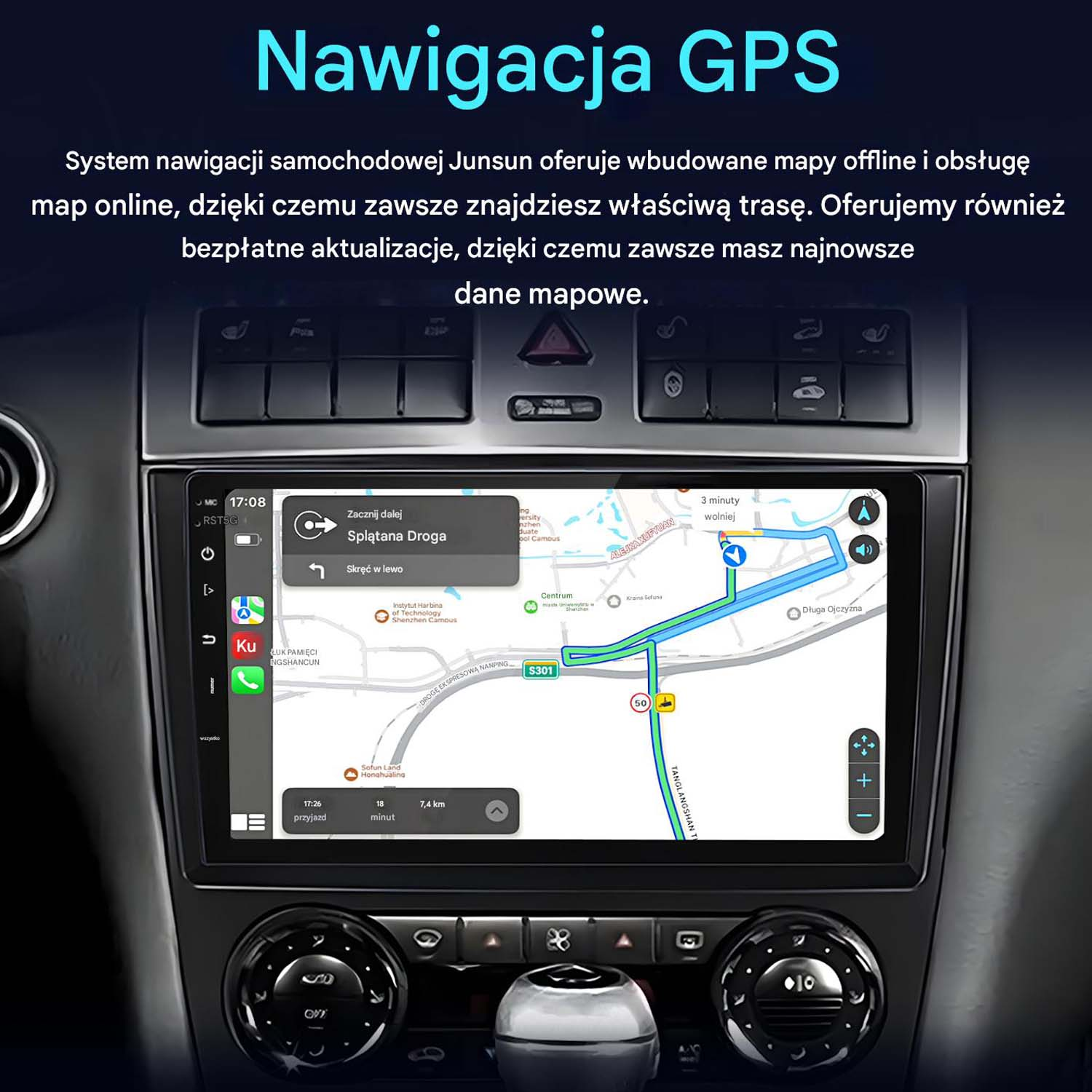 Deska rozdzielcza samochodu z ekranem nawigacji GPS. Ekran pokazuje mapę z trasą i przyciskami.