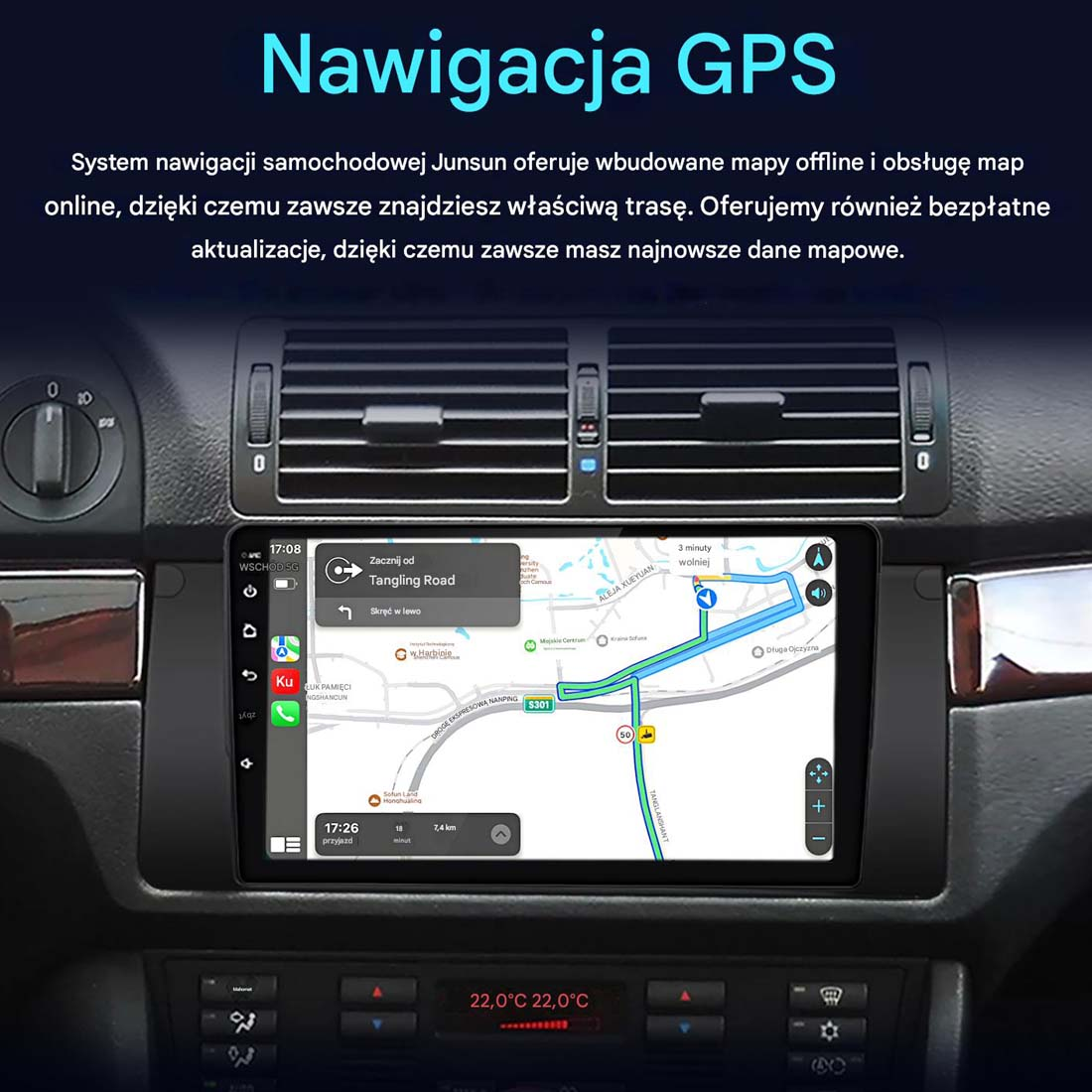 Deska rozdzielcza samochodu wyświetla nawigację GPS. Ekran pokazuje mapę ze szczegółami trasy i wskazówkami. Temperatura jest wyświetlana na dole.