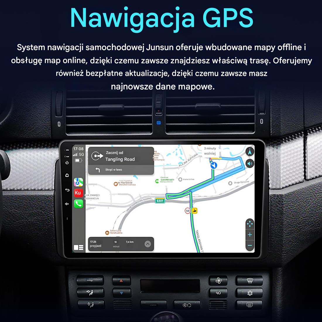 Ekran nawigacji GPS w samochodzie pokazujący mapę. Ekran wyświetla wskazówki i wnętrze samochodu.