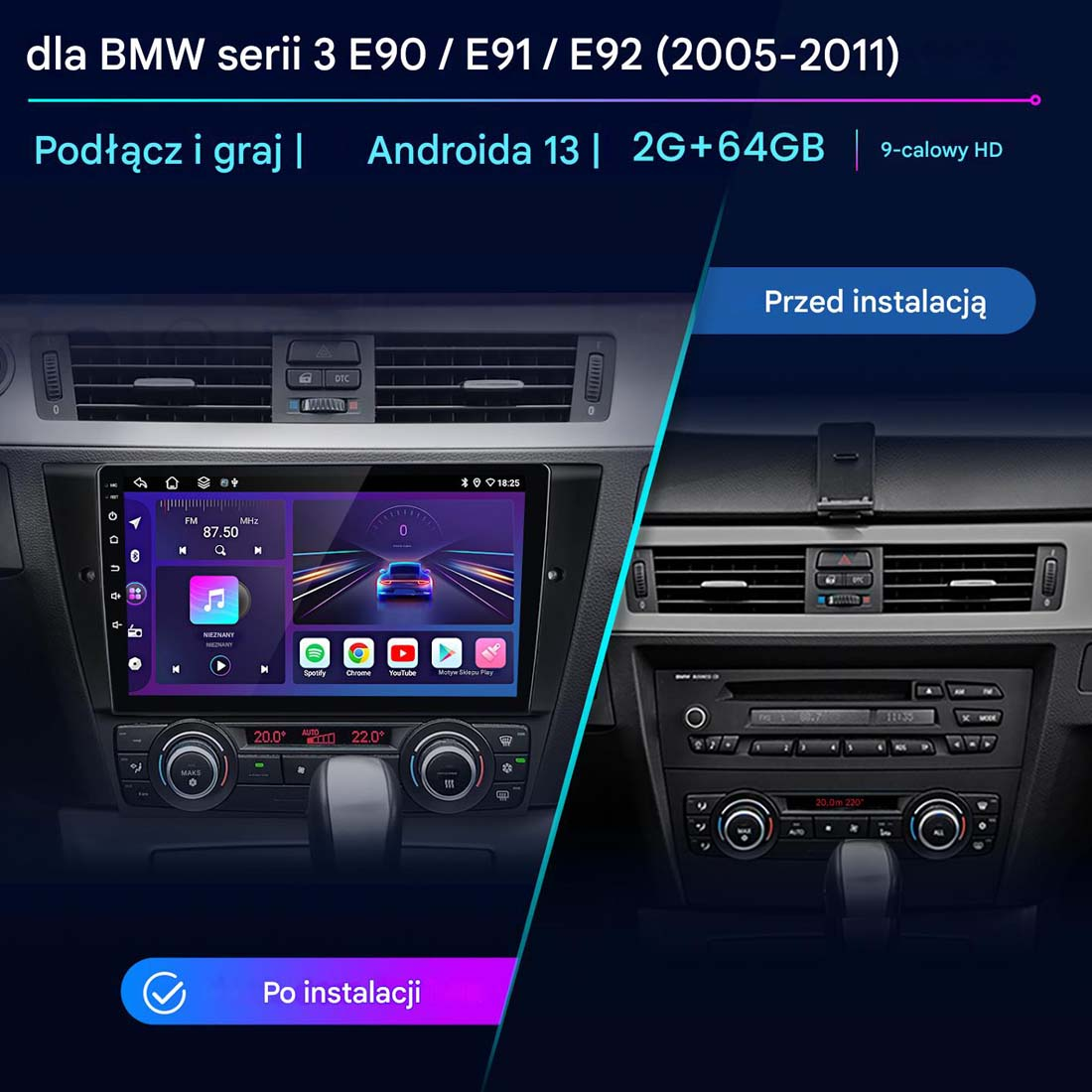 Obraz pokazuje deskę rozdzielczą samochodu z zainstalowanym nowym systemem Android, obok deski rozdzielczej samochodu przed instalacją, pokazując różnicę.