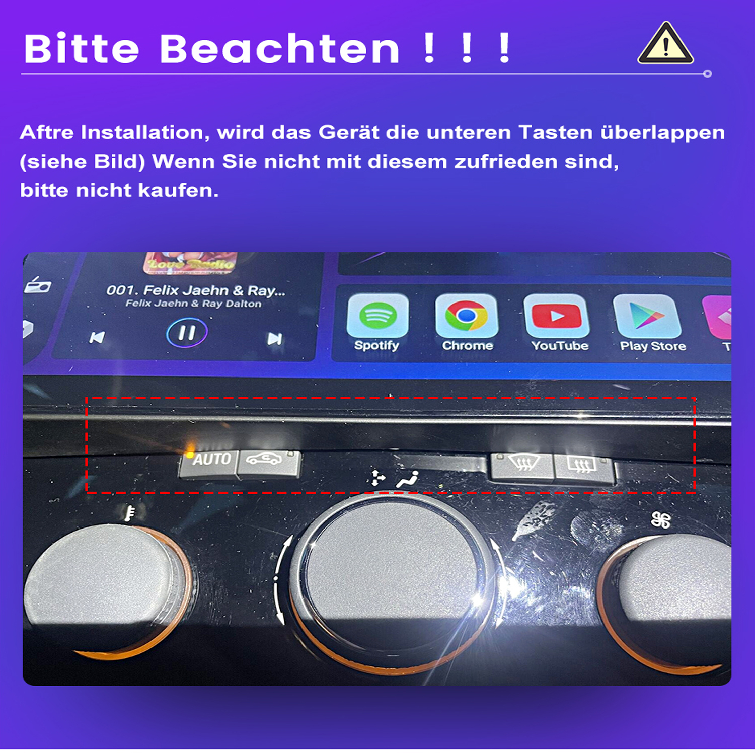 Panel samochodowy z przyciskami, pokrętłami i ekranem wyświetlającym muzykę i aplikacje. Tekst w języku niemieckim ostrzega przed nakładaniem się przycisków.