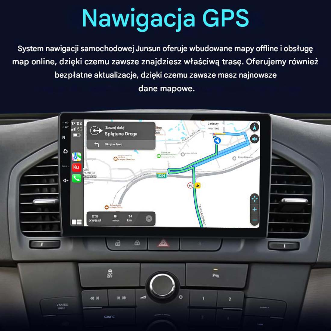 Ekran nawigacji GPS w samochodzie z mapą i wskazówkami. Przyciski i elementy sterowania samochodu widoczne.