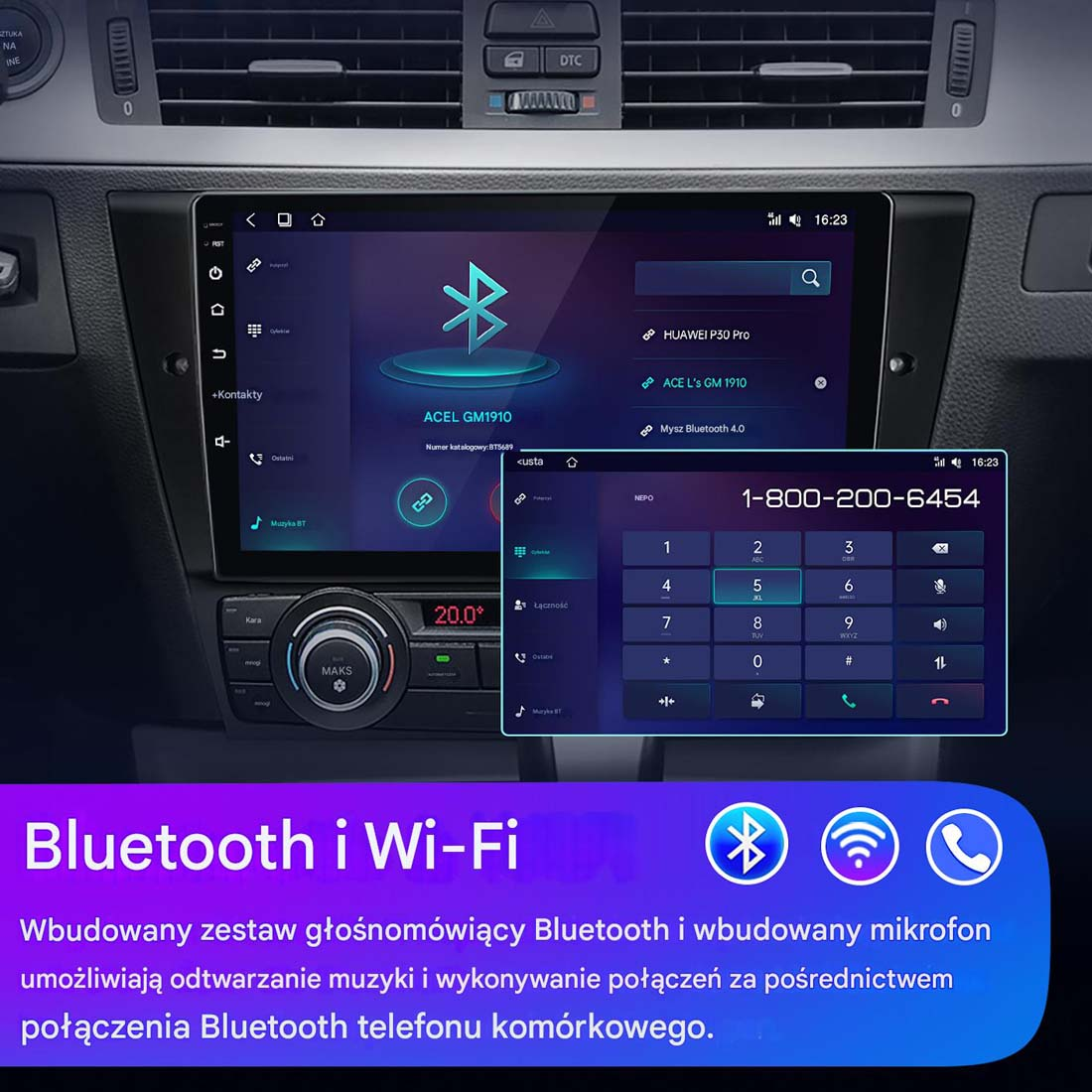 System informacyjno-rozrywkowy w samochodzie z ekranem wyświetlającym Bluetooth i dialer. Na dole ikony Bluetooth i Wi-Fi.