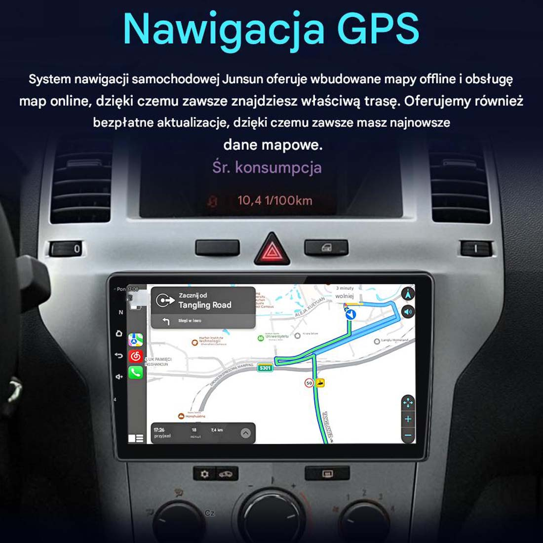 Samochodowy system nawigacji GPS pokazujący mapę z prowadzeniem po trasie. Ekran znajduje się w desce rozdzielczej.