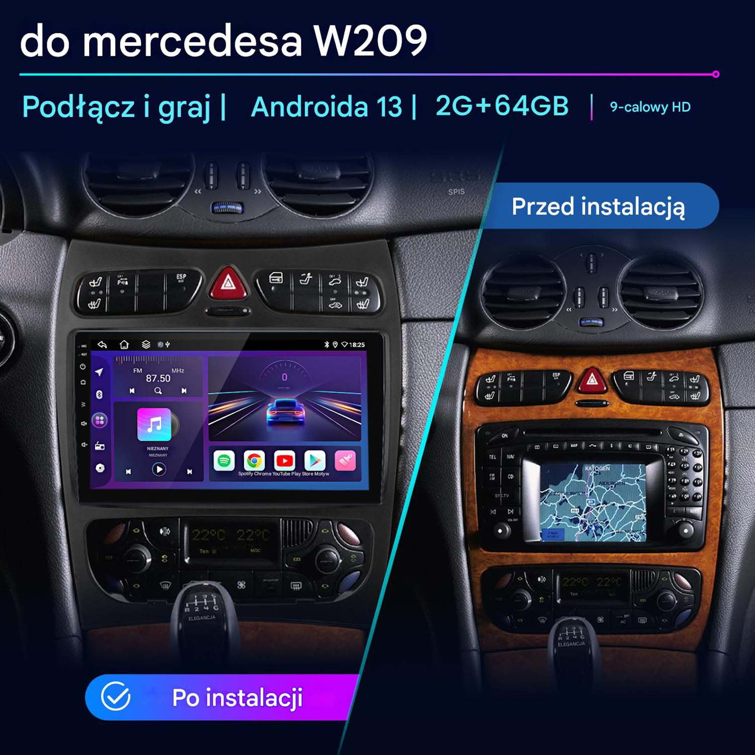 Obrazek przedstawia deskę rozdzielczą samochodu z dwoma systemami informacyjno-rozrywkowymi: starym i nowym, zainstalowanym przed i po.