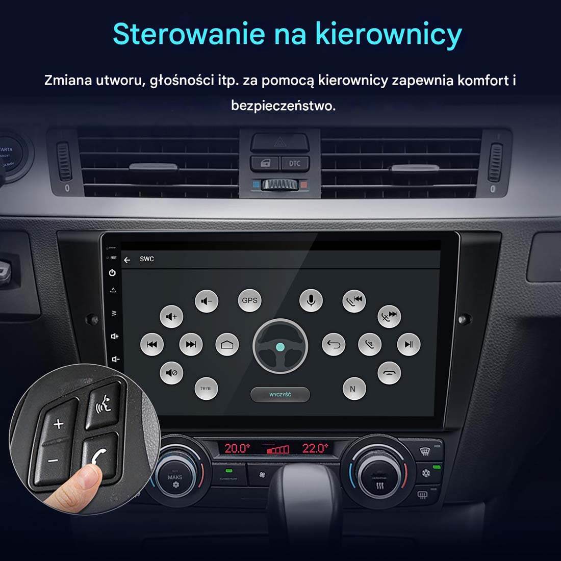 Deska rozdzielcza samochodu z ekranem dotykowym pokazującym opcje sterowania. Ręka naciska przycisk na panelu sterowania kierownicy.