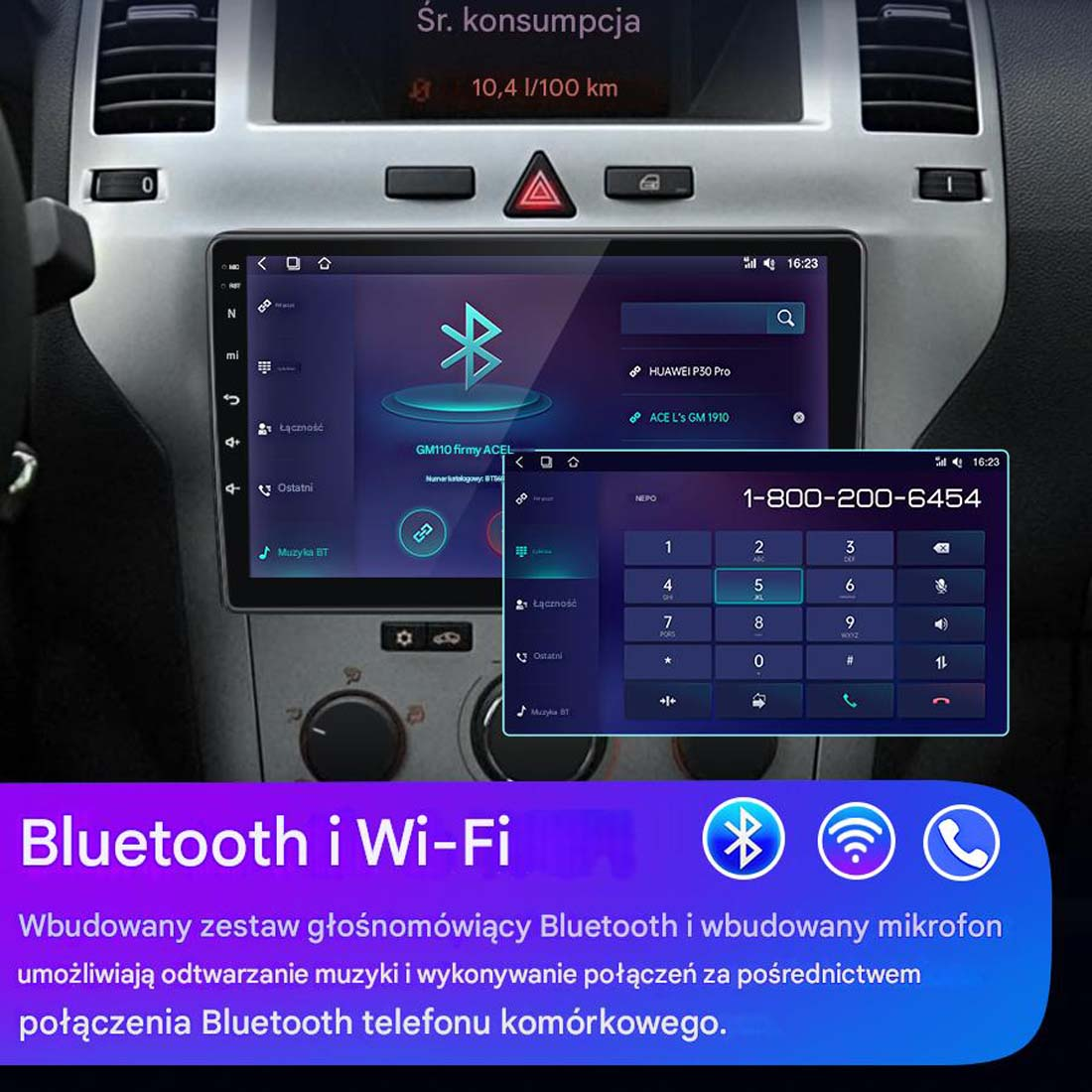 Ekran deski rozdzielczej samochodu z Bluetooth i Wi-Fi. Pokazuje klawiaturę telefoniczną i info.