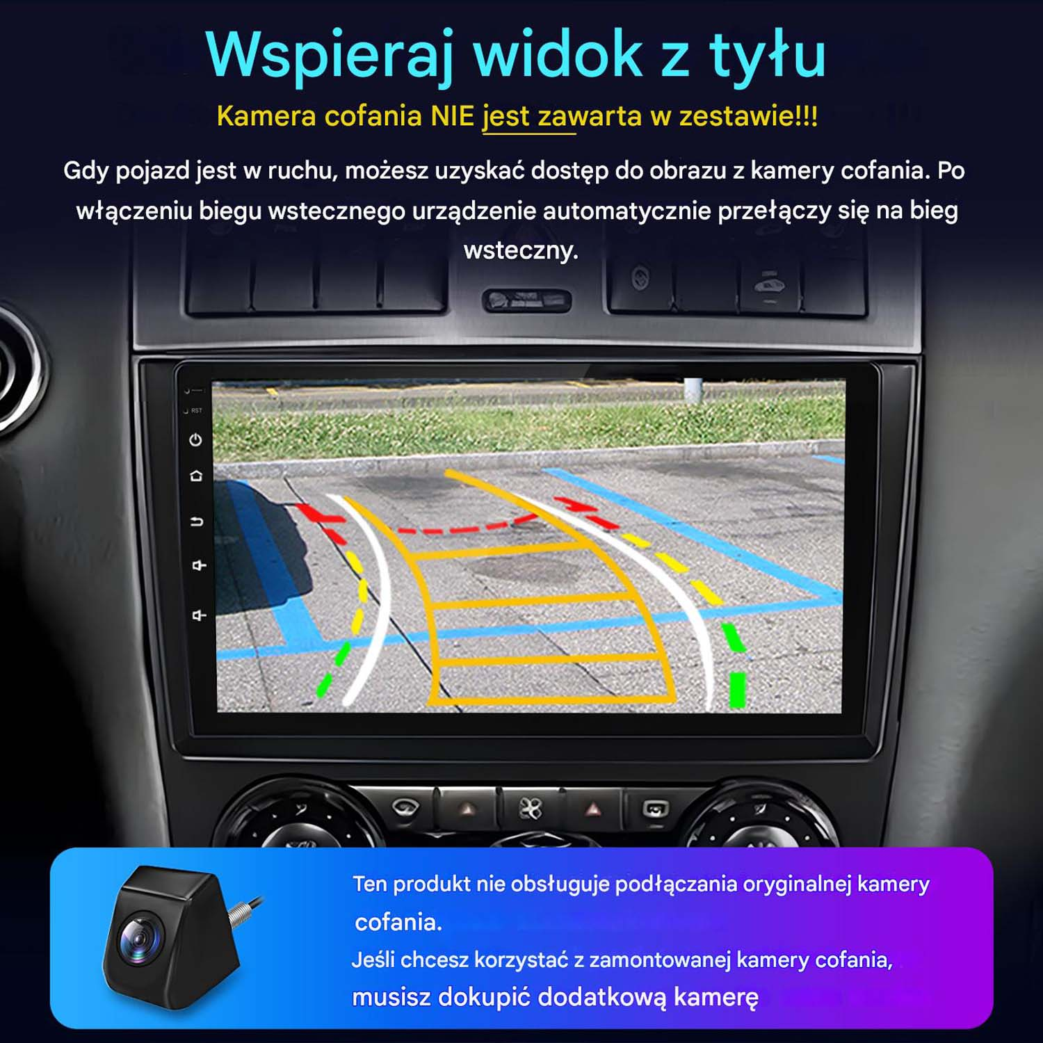 Deska rozdzielcza samochodu z wyświetlaczem kamery cofania. Tekst po polsku. Kamera na dole po lewej.
