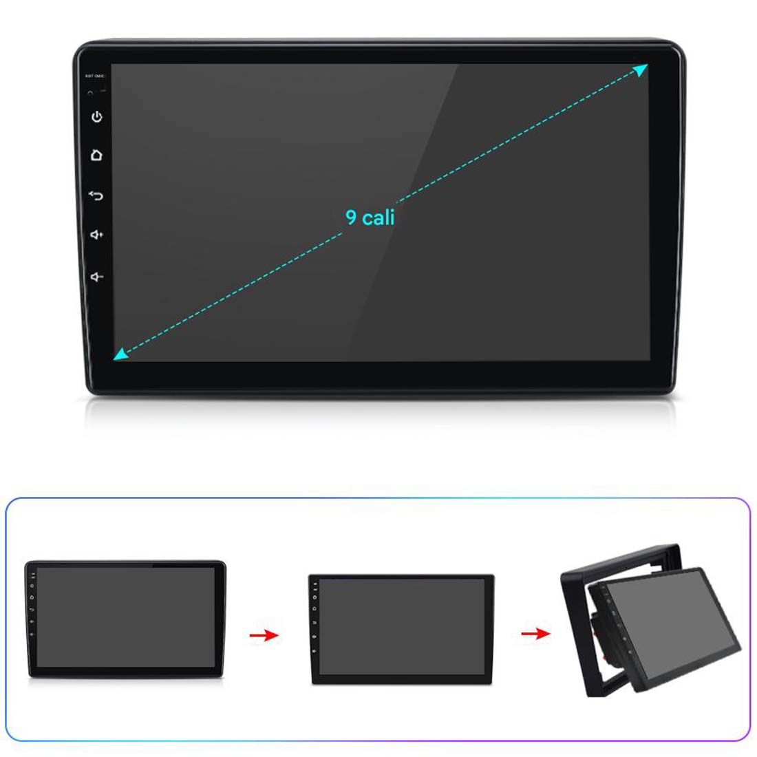 Radio samochodowe z ekranem 9 cali. Poniżej kroki instalacji. Radio jest czarne, z przyciskami z boku.