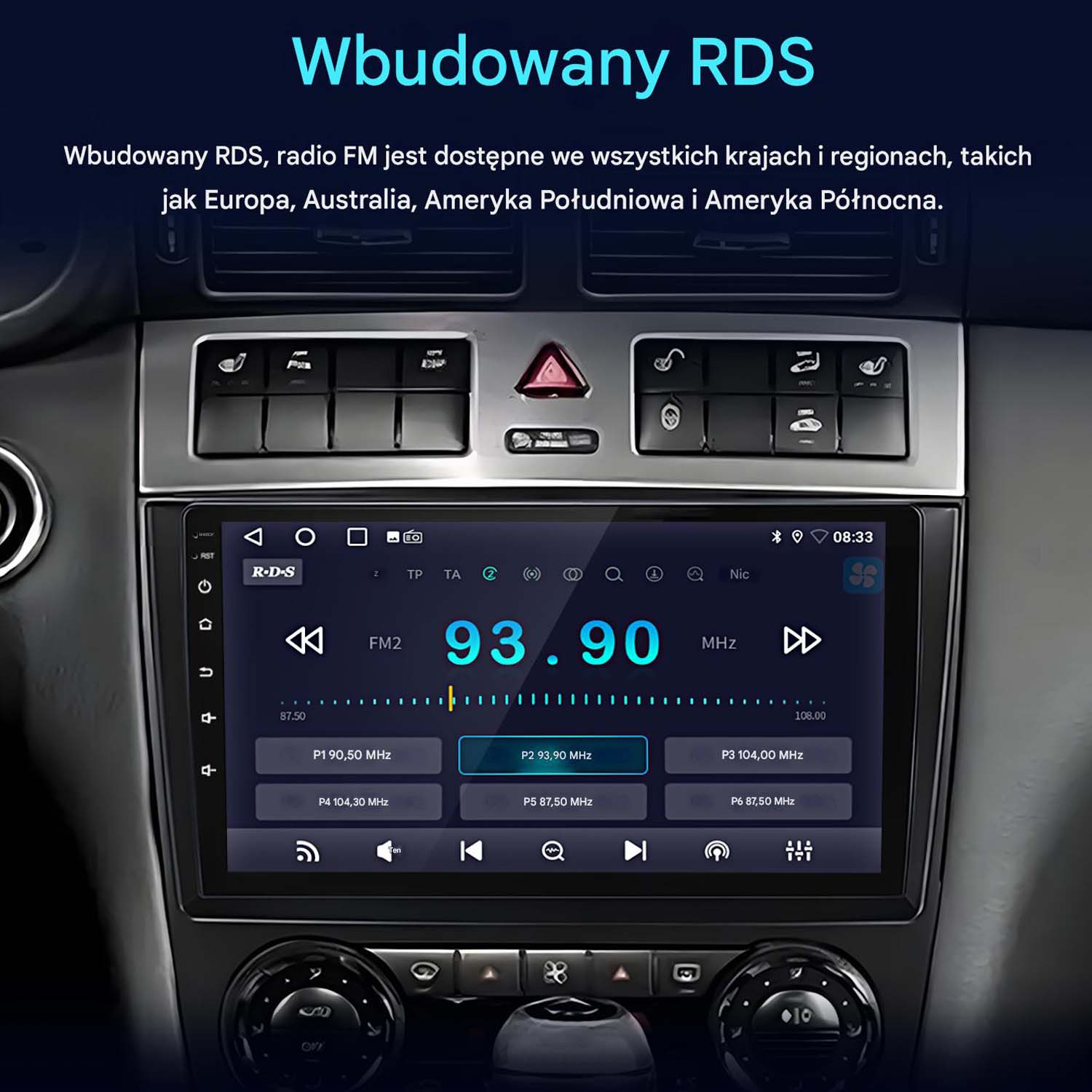 Radio samochodowe wyświetlające 93,90 MHz. Przyciski FM2, częstotliwości P1-P6. Czarna deska rozdzielcza z przyciskami i ekranem.