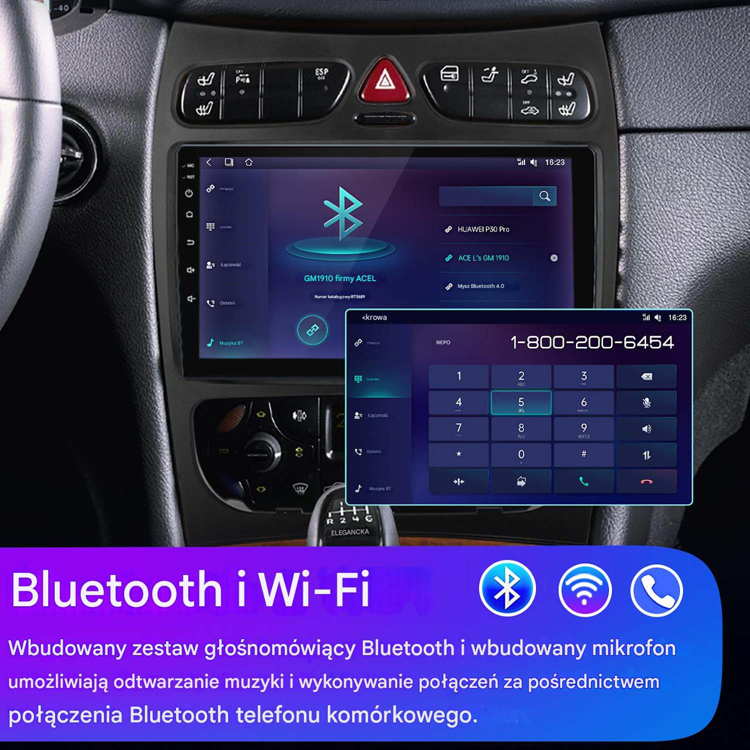 Panel samochodu z ekranem wyświetlającym interfejs Bluetooth. Widoczna klawiatura telefonu. Tekst wspomina Bluetooth i Wi-Fi.