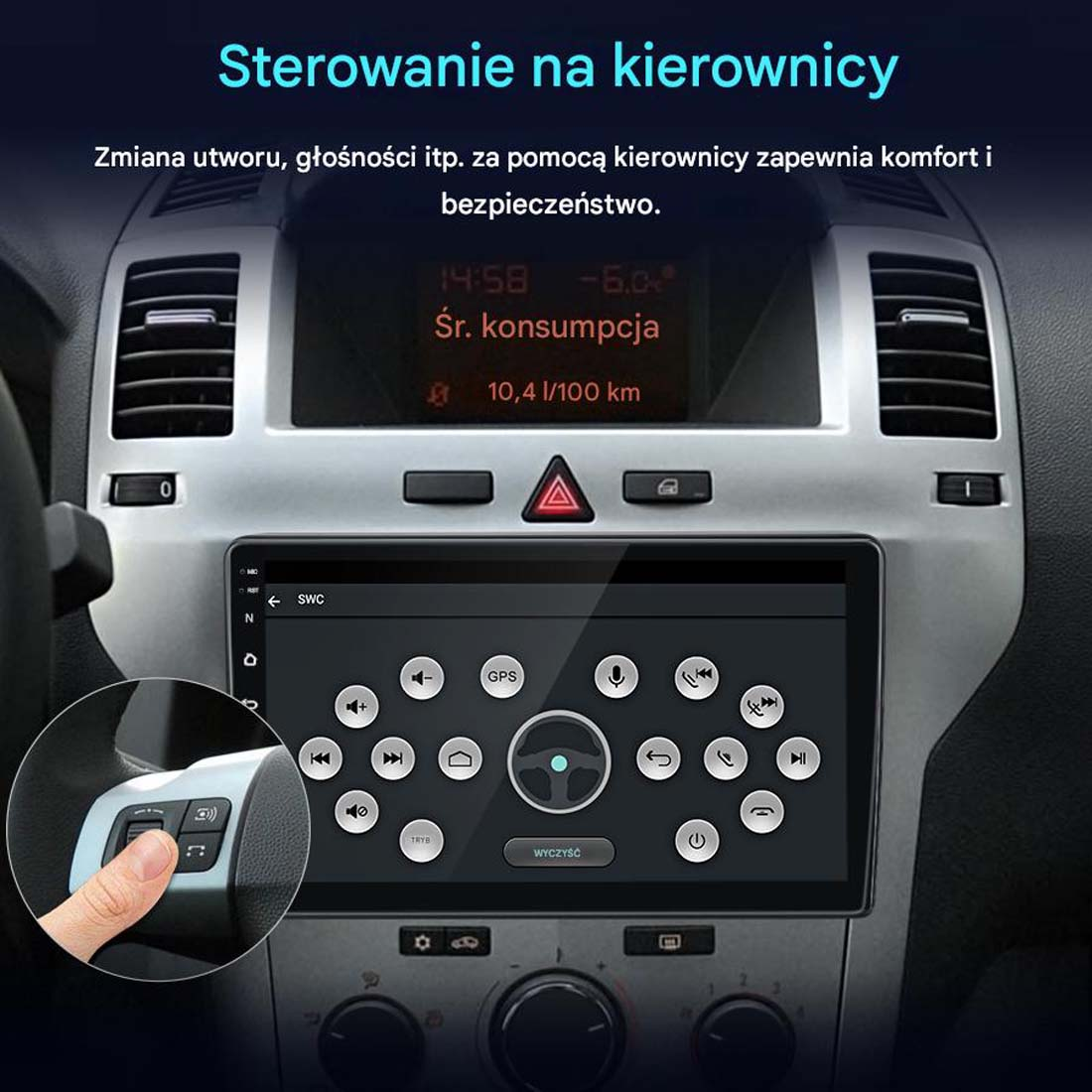 Panel samochodu z ekranem pokazującym GPS i przyciskami sterowania. Ręka naciska przycisk na kierownicy. Czas to 14:58.