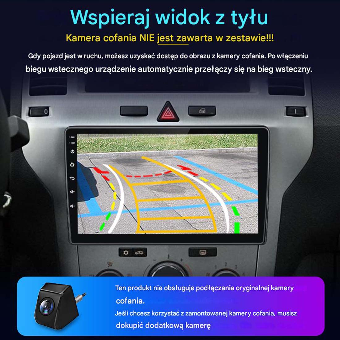 Wnętrze samochodu z wyświetlaczem pokazującym widok z tyłu z liniami prowadzącymi. Kamera widoczna w lewym dolnym rogu.