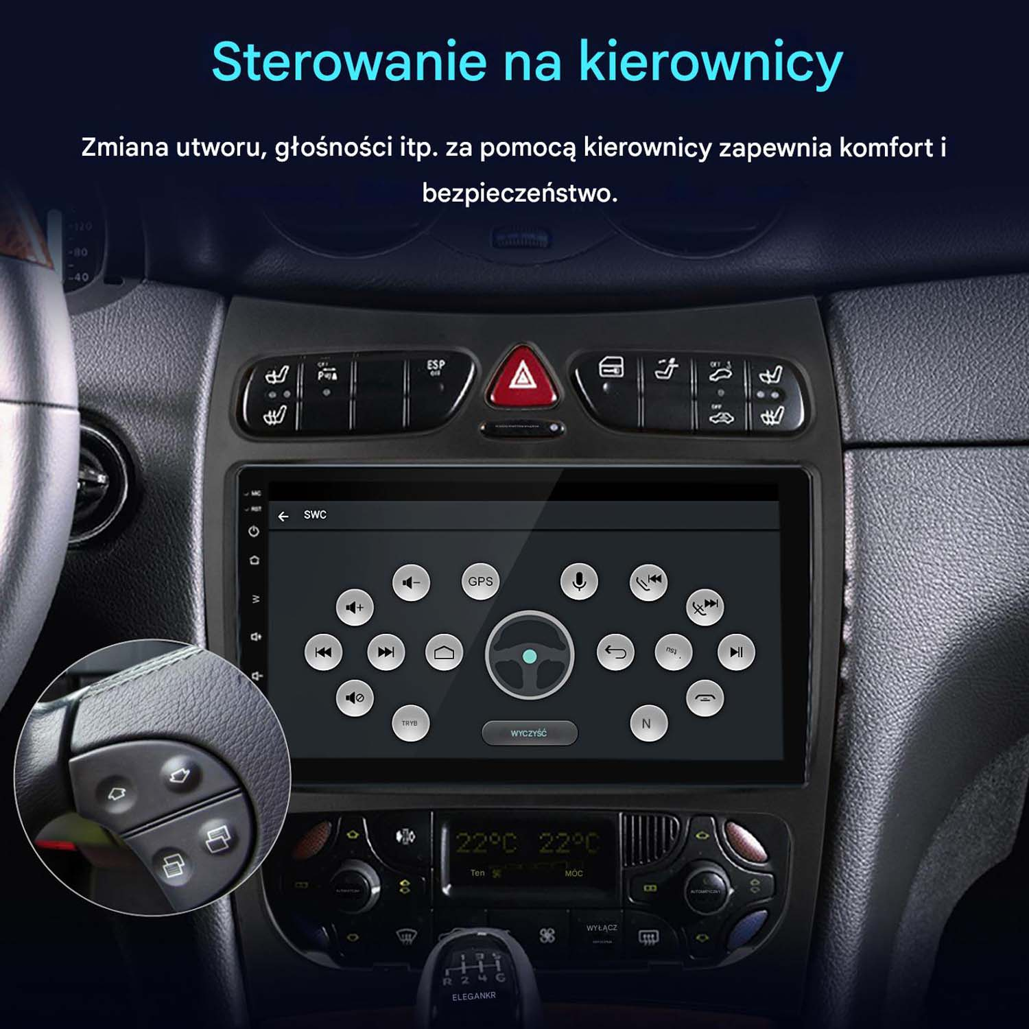 Wnętrze samochodu z kierownicą, wyświetlaczem deski rozdzielczej i elementami sterującymi. Ekran pokazuje opcje nawigacji i multimediów.