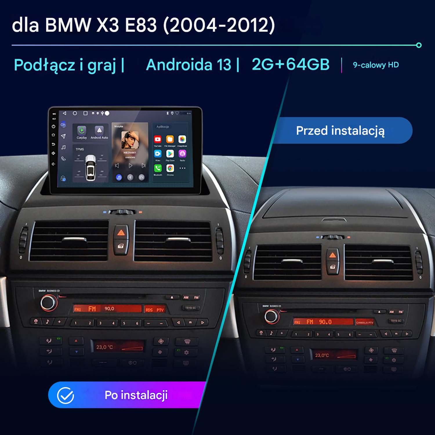 Porównanie deski rozdzielczej samochodu przed i po zainstalowaniu nowego systemu Android. Ekran wyświetla muzykę i aplikacje.