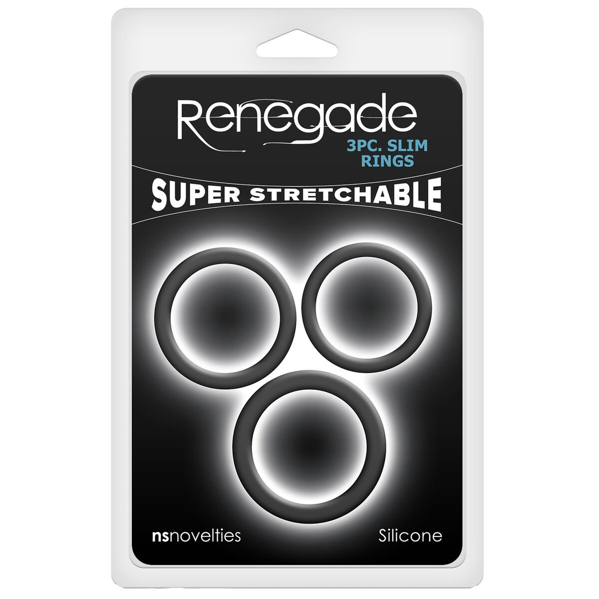 Verpackung für Renegade 3-teilige schmale Ringe. Schwarzer Hintergrund mit drei Ringen. Text lautet 'Super Stretchable' und 'Silikon'.