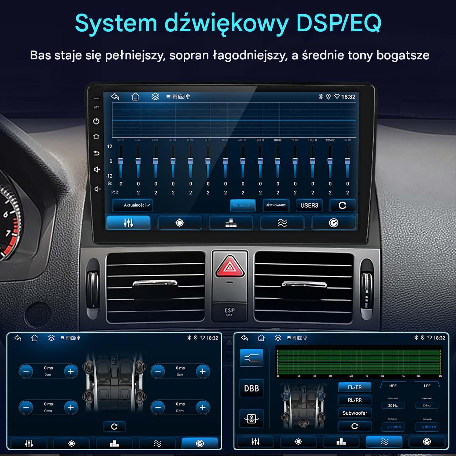 Interfejs systemu audio w samochodzie z ustawieniami korektora. Zawiera suwaki częstotliwości i opcje sterowania.