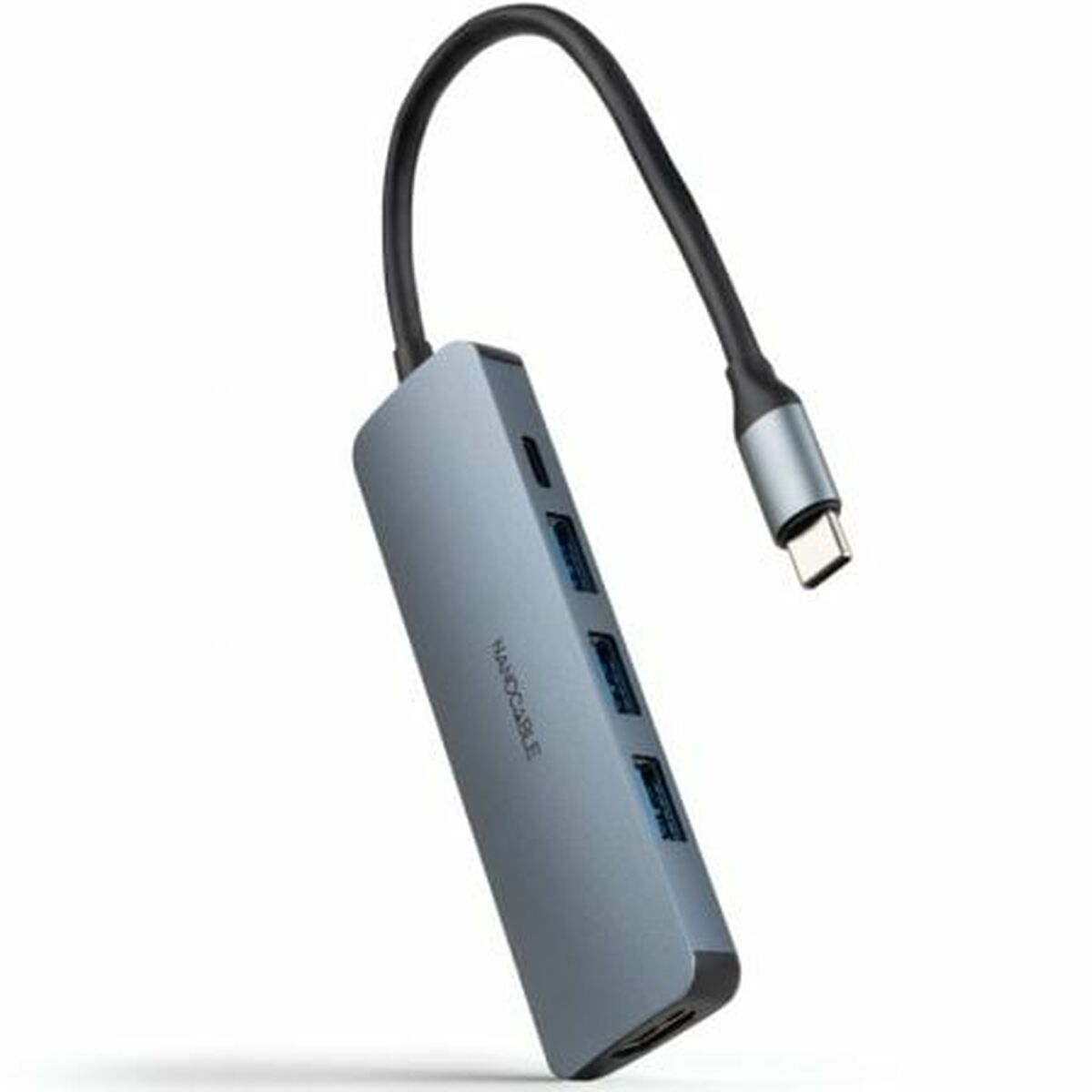 Un hub USB grigio con cavo nero e connettore USB-C argentato. Ha più porte USB e il marchio 'NANDOCABLE'.