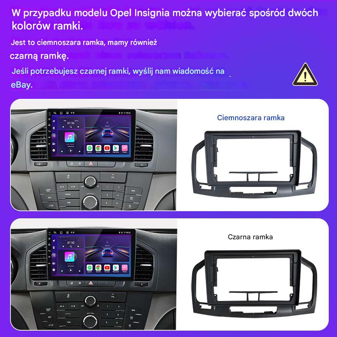 Obraz przedstawia deskę rozdzielczą samochodu z dwiema ramkami, szarą i czarną. Obie ramki są do modelu Opel Insignia.