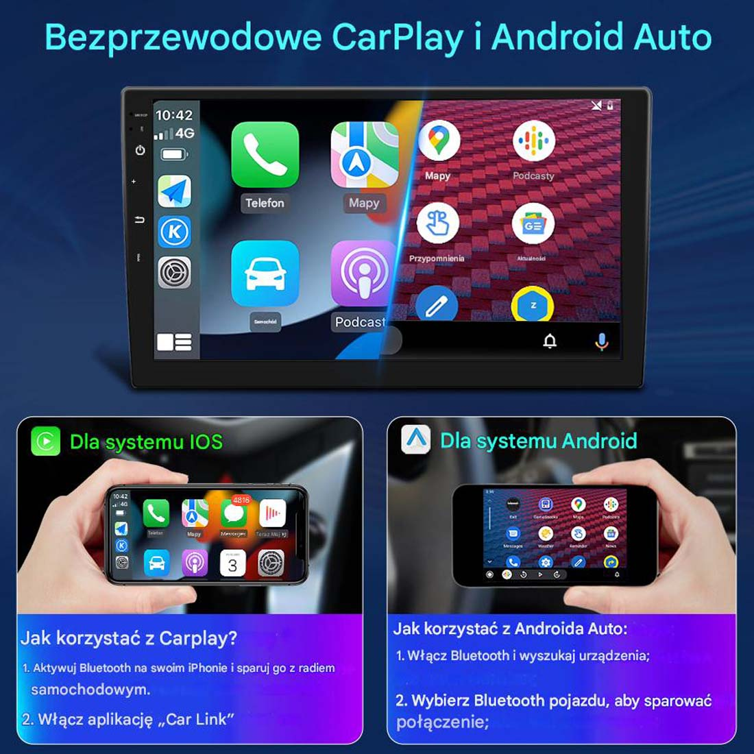 Ekran informacyjno-rozrywkowy samochodu pokazujący funkcje CarPlay i Android Auto. Wyświetla ikony aplikacji i instrukcje użytkowania.