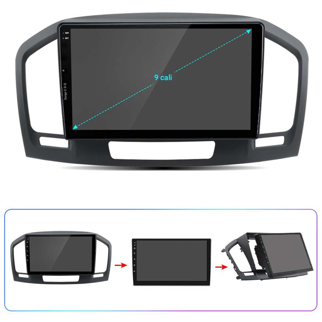 Radio samochodowe z dużym ekranem. Pokazuje 9-calowy wyświetlacz i schemat kroków instalacji.