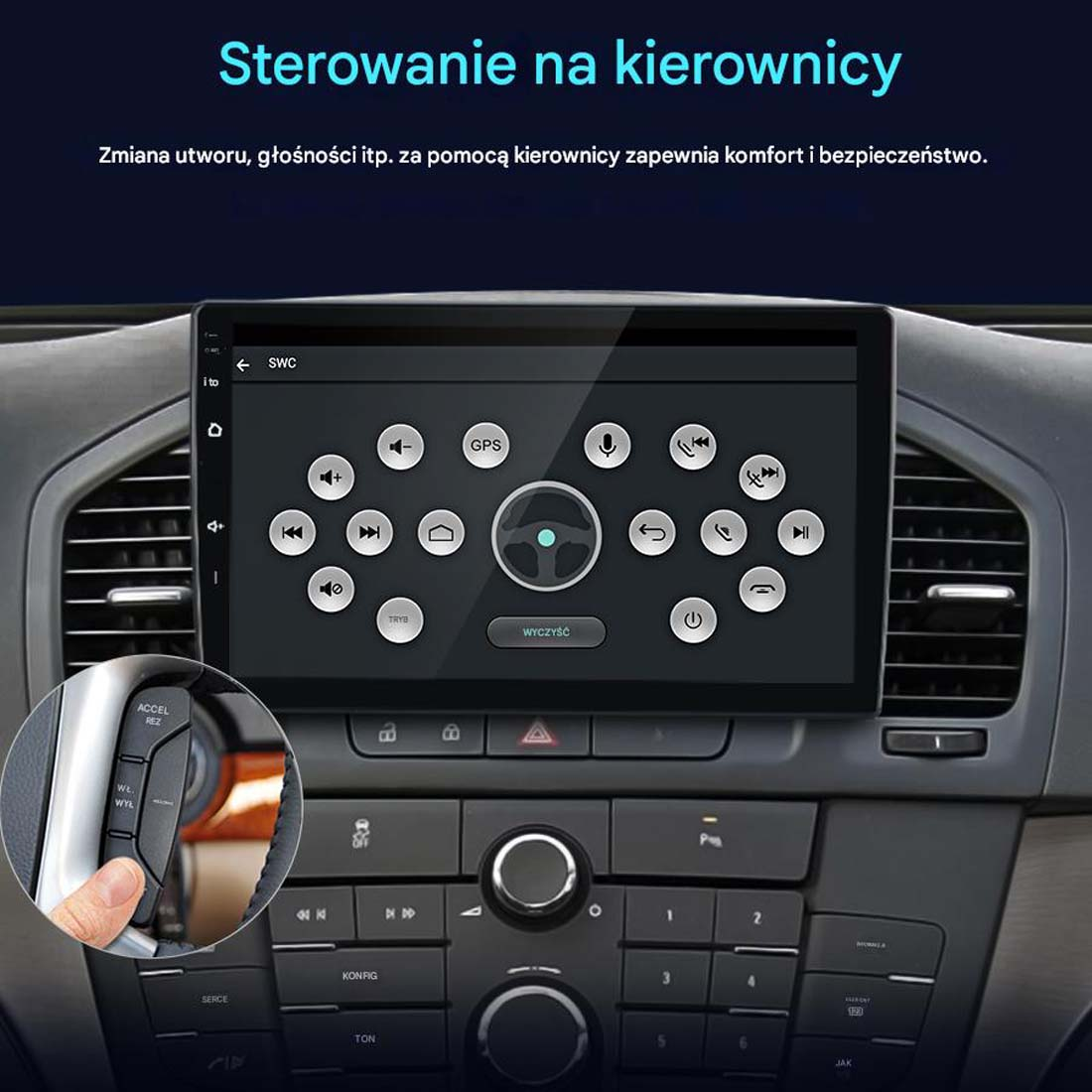 Deska rozdzielcza samochodu z ekranem wyświetlającym elementy sterujące. Widoczne przyciski głośności, GPS i muzyki. Ręka używa przycisku kierownicy.