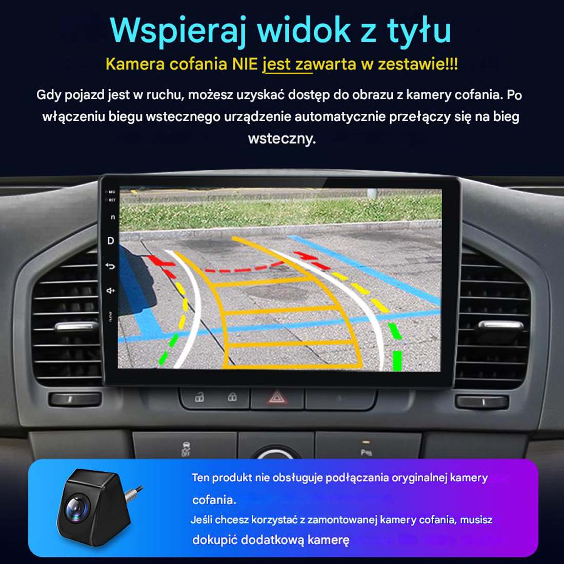 Ekran deski rozdzielczej samochodu wyświetlający widok z kamery cofania z kolorowymi liniami pomocniczymi. Kamera na dole, tekst po polsku.