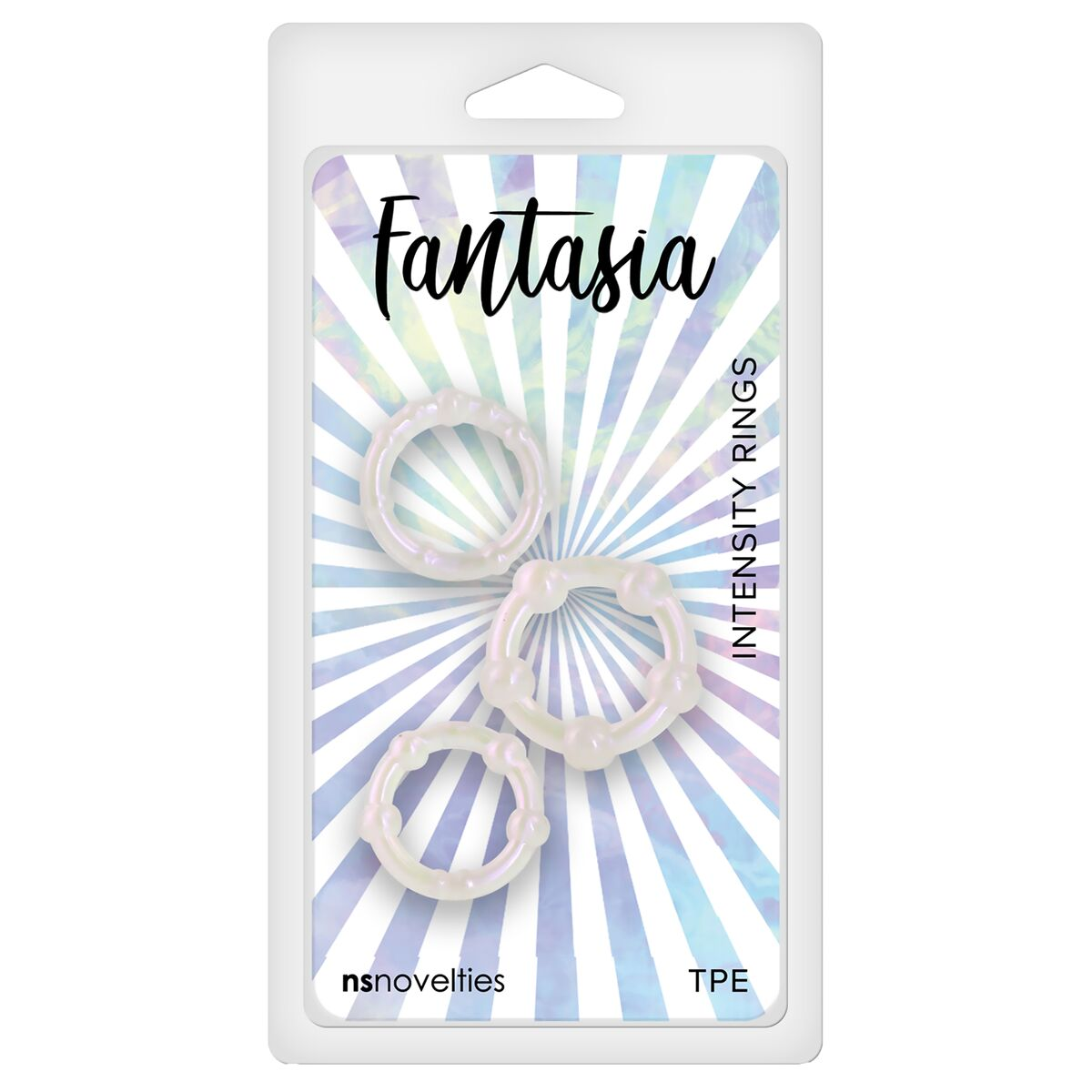 Verpackung mit drei weißen Ringen. Auf der Verpackung steht 'Fantasia' und 'Intensity Rings'. Der Markenname 'nsnovelties' ist sichtbar.