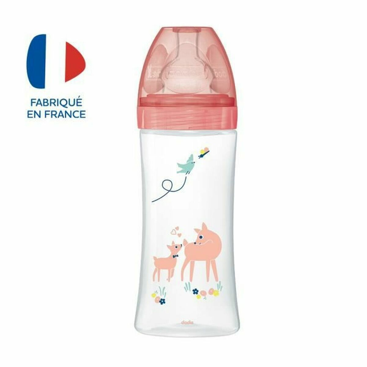 Eine Babyflasche mit rosa Schnuller und Verschluss. Sie hat Illustrationen von Hirschen und Vögeln. Auf der linken Seite sind die französische Flagge und der Text 'Fabriqué en France'.