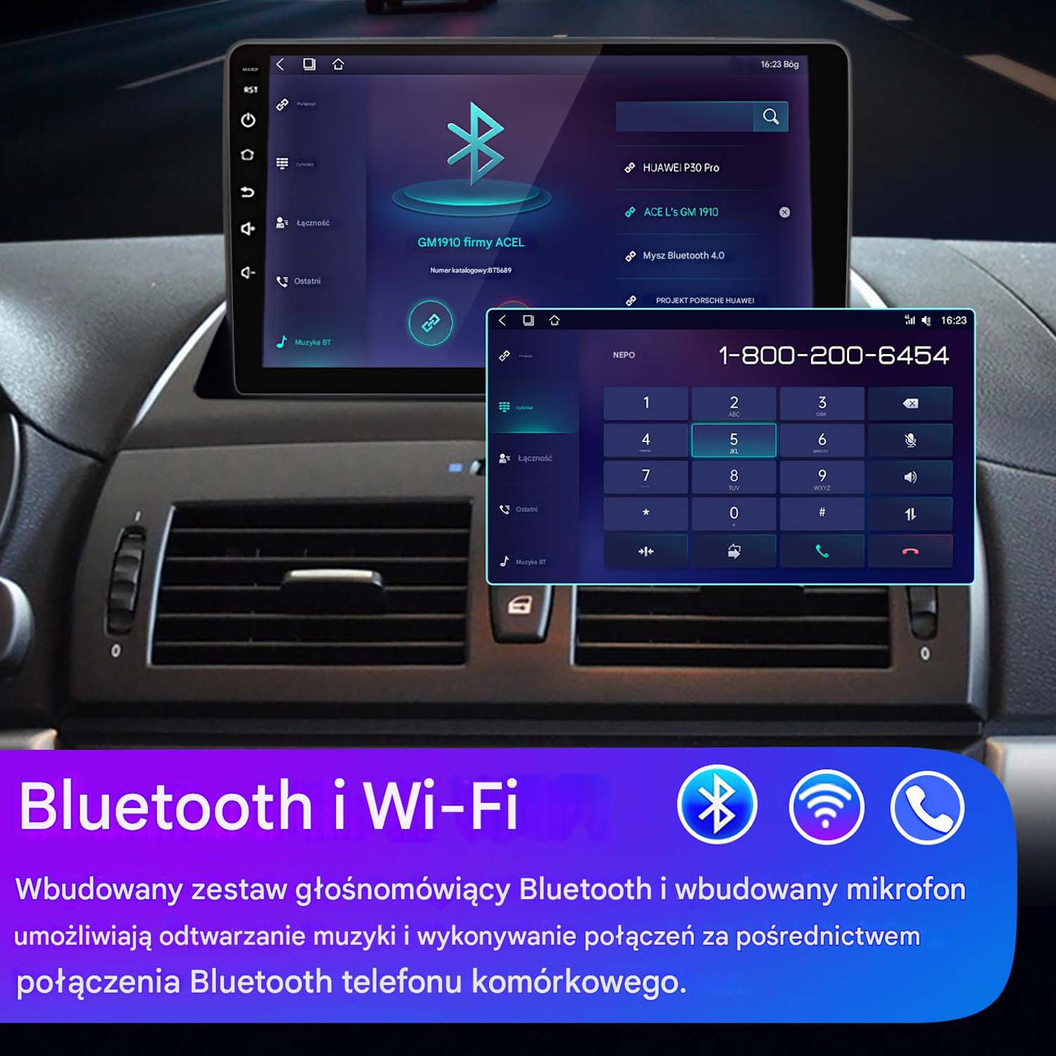 System multimedialny samochodu wyświetla funkcje Bluetooth i Wi-Fi. Pokazuje klawiaturę telefonu. Tekst mówi Bluetooth i Wi-Fi.