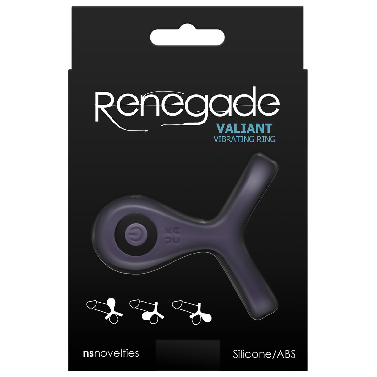 Schwarze Box mit violettem Vibrationsring. Text: 'Renegade' und 'Valiant Vibrating Ring'. Unten Produktinfo.