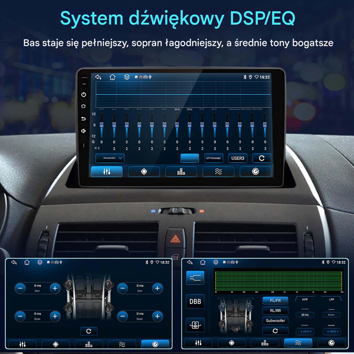 Ekran samochodowego systemu audio pokazujący ustawienia equalizera, regulacje częstotliwości i inne elementy sterowania audio.