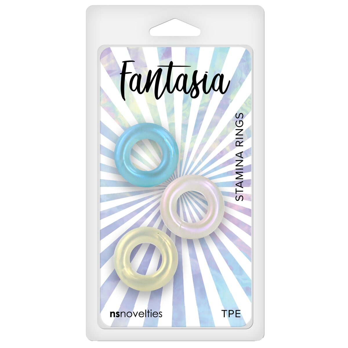 Verpackung mit drei Ausdauerringen in Blau, Weiß und Gelb. Auf der Verpackung steht 'Fantasia Stamina Rings'.