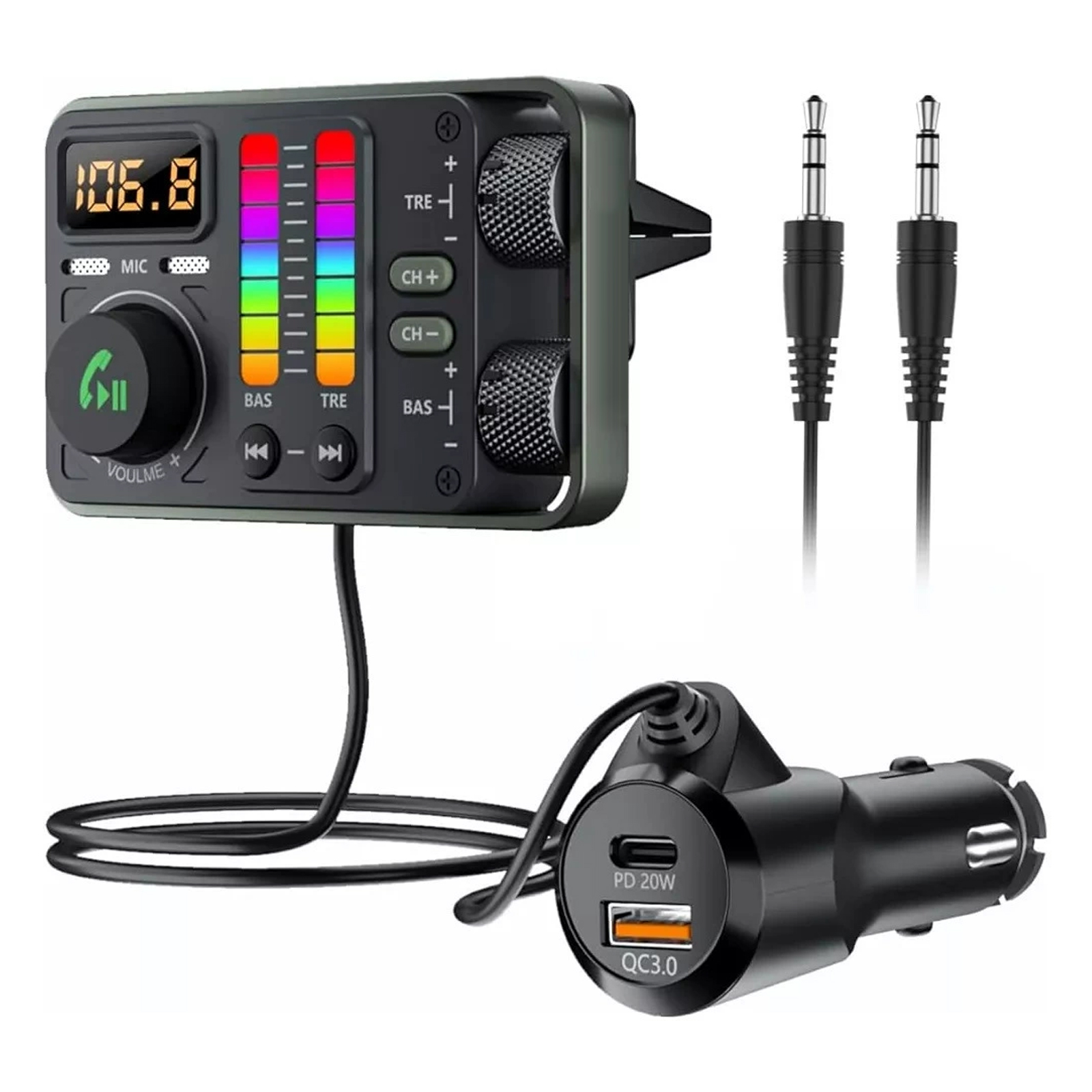 Kfz-Audiogerät mit Display, Tasten und Knöpfen, zusammen mit Kabeln und einem Autoladegerät. Farben: Schwarz, Grün und Regenbogen.