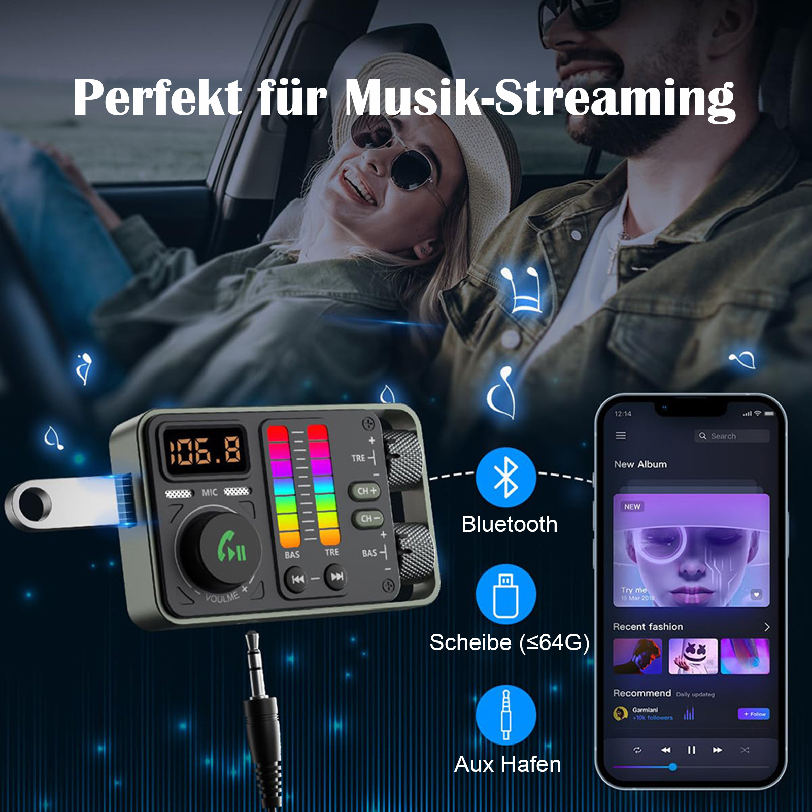 Autoradio mit Bluetooth, ein Telefon, das eine Musik-App anzeigt, und ein Paar im Hintergrund, das Musik genießt.