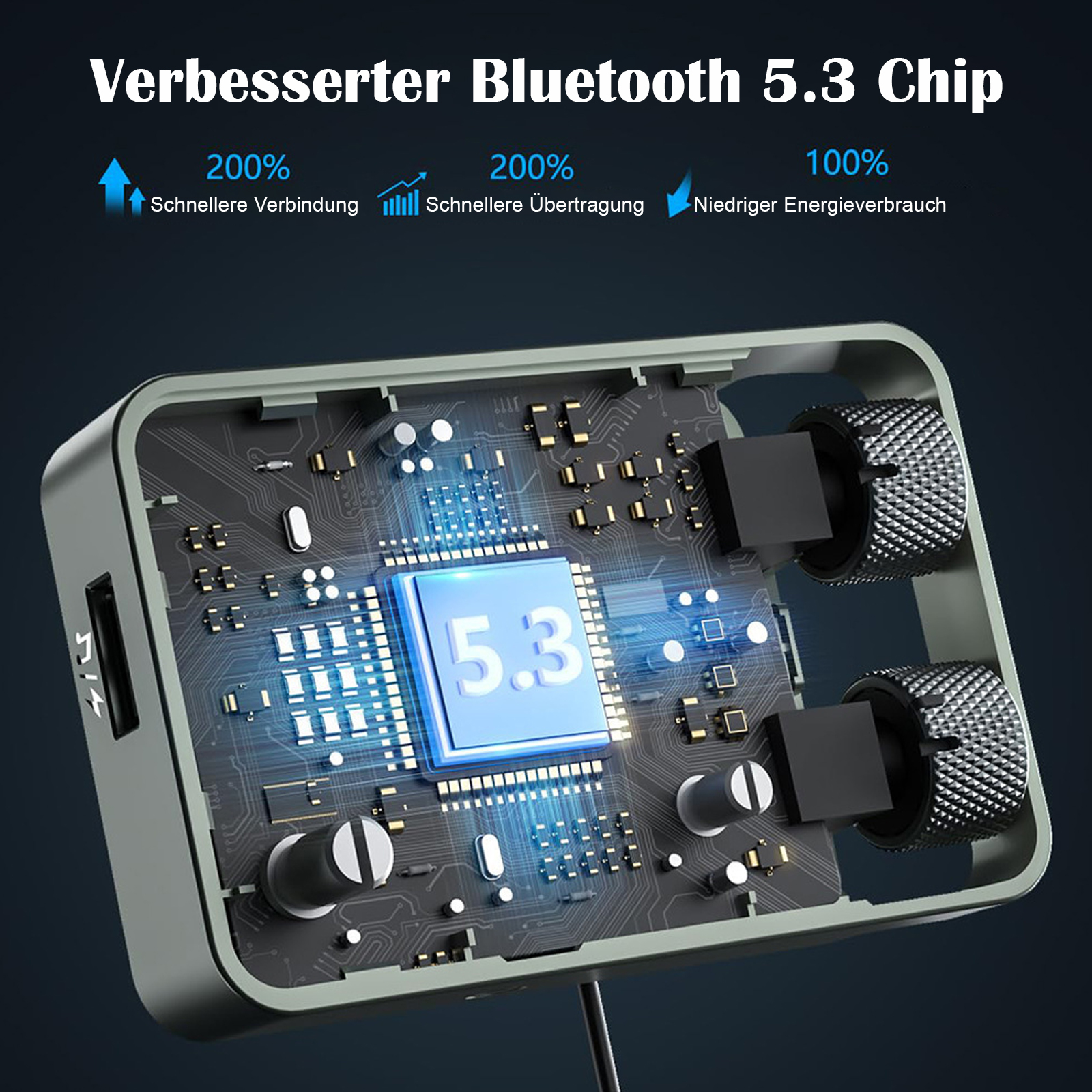Ein elektronisches Gerät mit einer Leiterplatte. Text hebt Bluetooth 5.3 mit erhöhter Geschwindigkeit und reduziertem Energieverbrauch hervor.