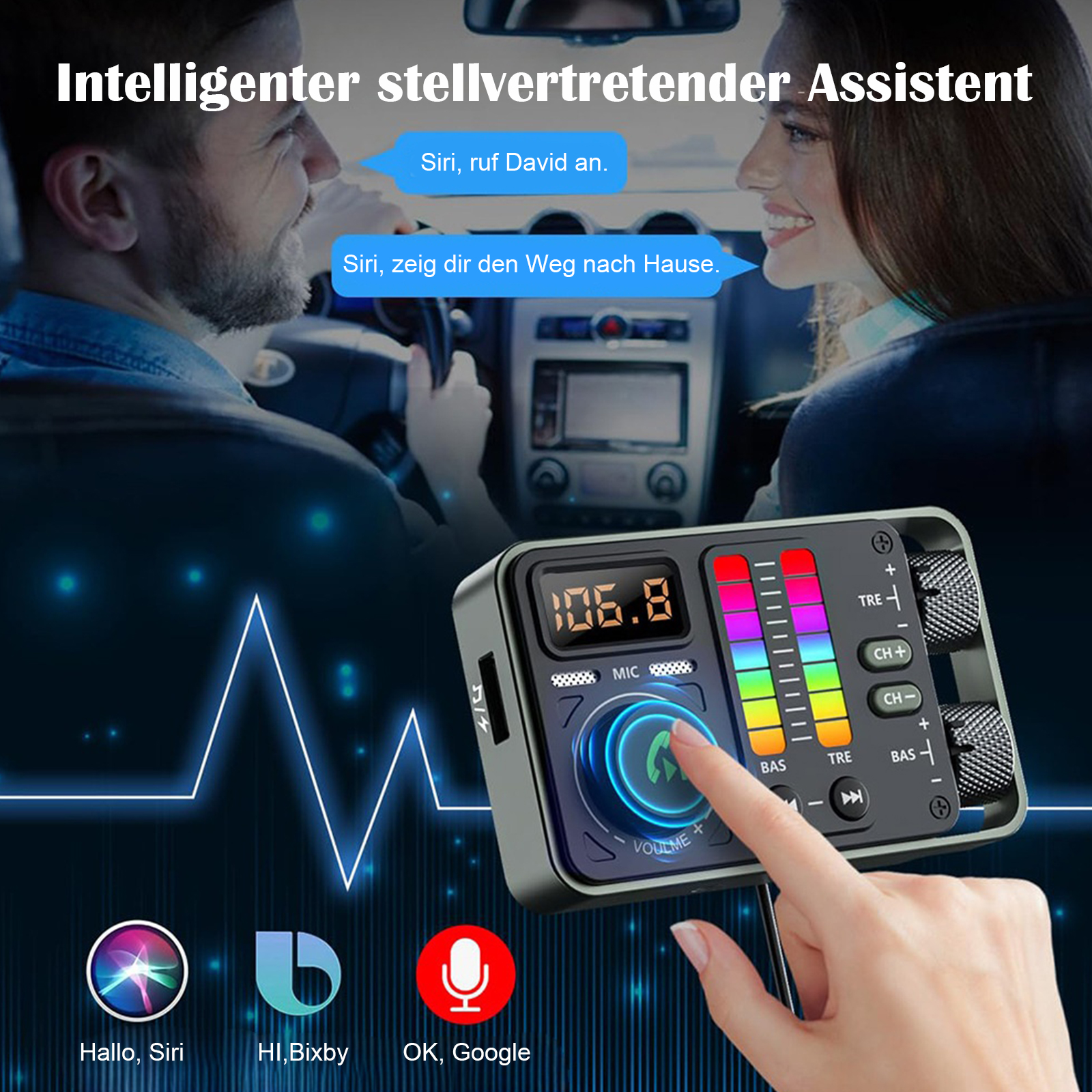 Autoinnenraum. Eine Frau und ein Mann sind im Auto. Ein Gerät befindet sich vor der Frau. Siri- und Google-Symbole.