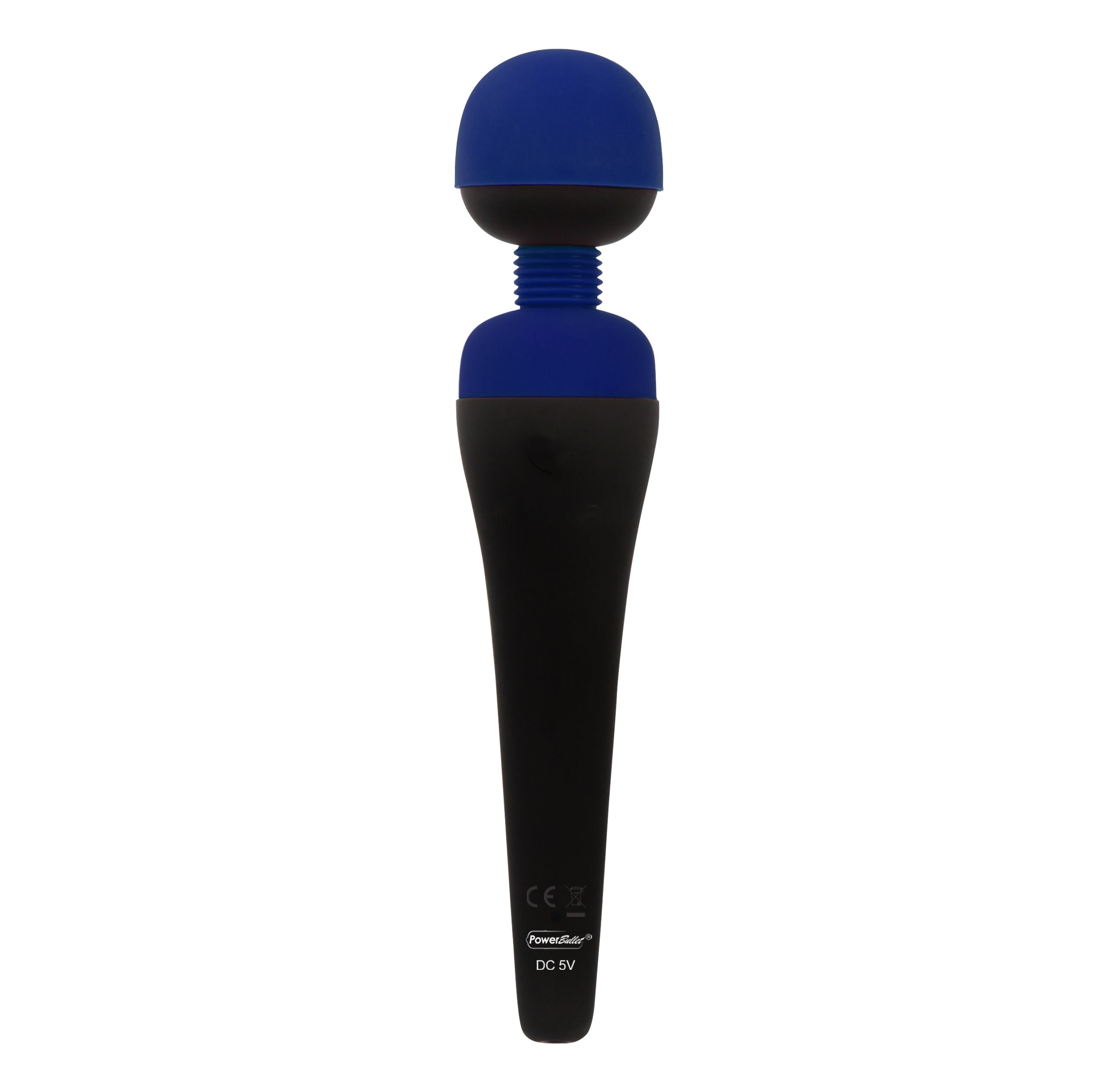 Ein schwarzer und blauer Vibrator. Die Oberseite ist blau, die Unterseite schwarz. Das Bild ist auf weißem Hintergrund.