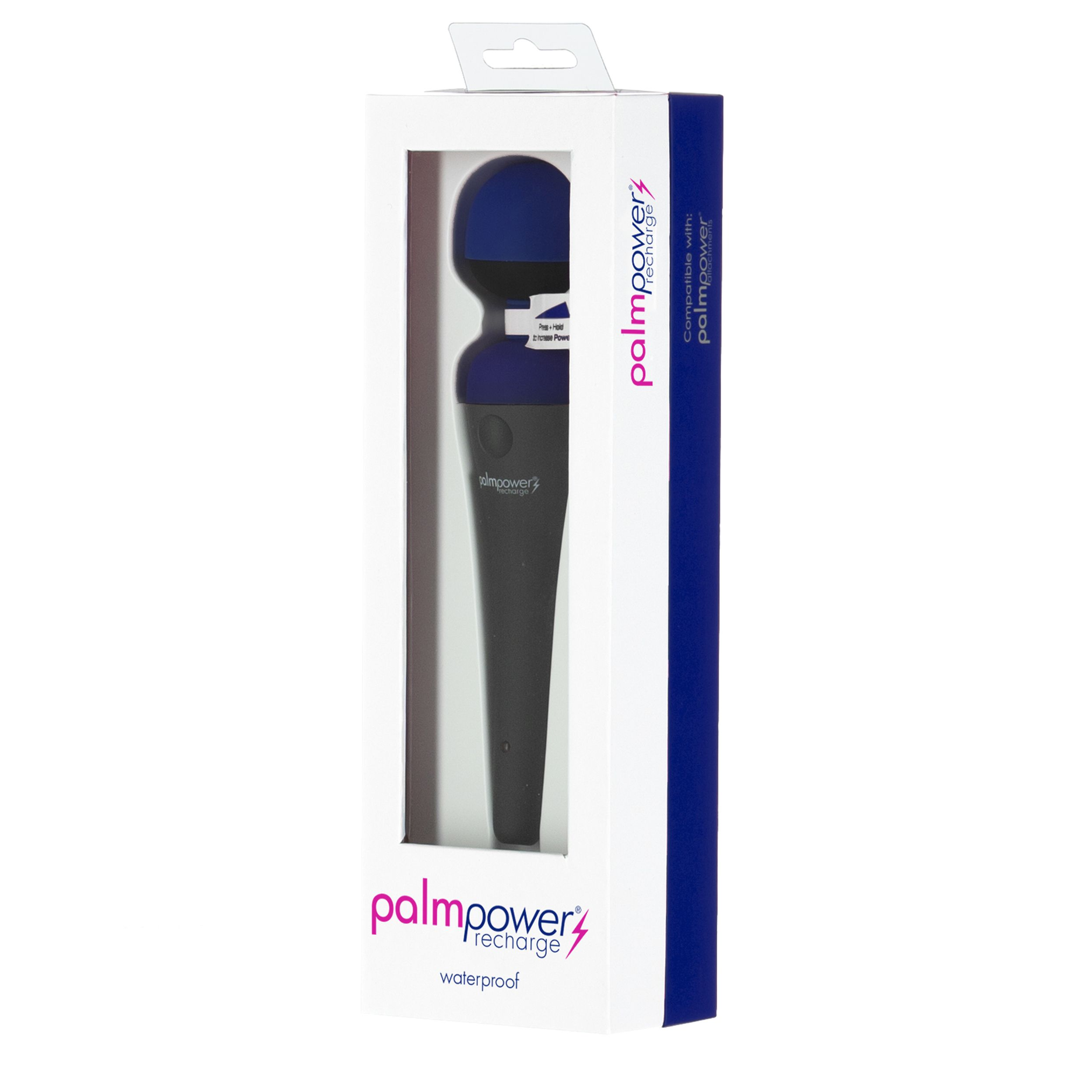 Ein Produktkarton zeigt einen schwarzen und blauen Vibrator. Die Box ist weiß mit blauen Akzenten und dem Markennamen.