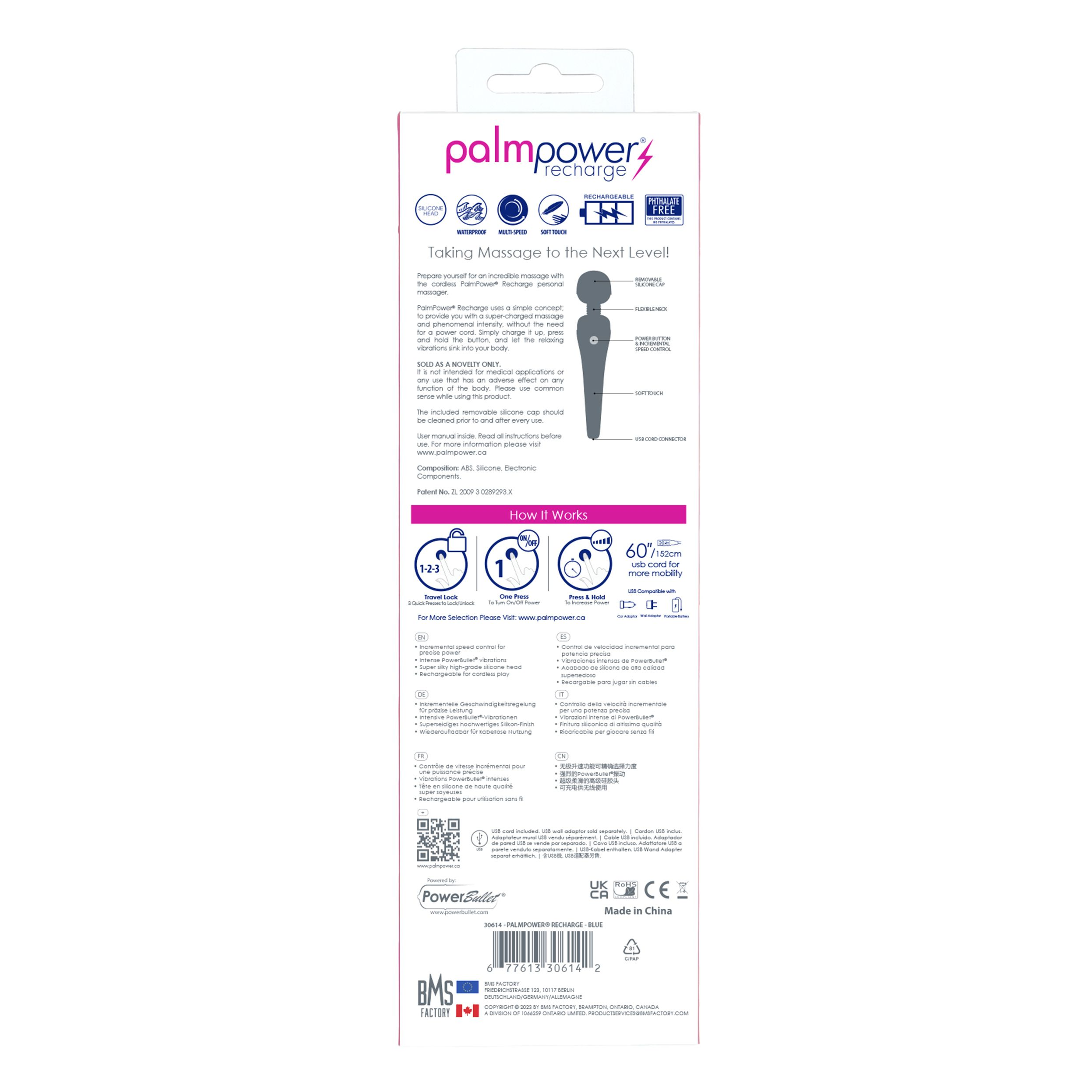 Produktverpackung mit Text und einem Massagegerät. Die Verpackung hat Logos und Anweisungen.