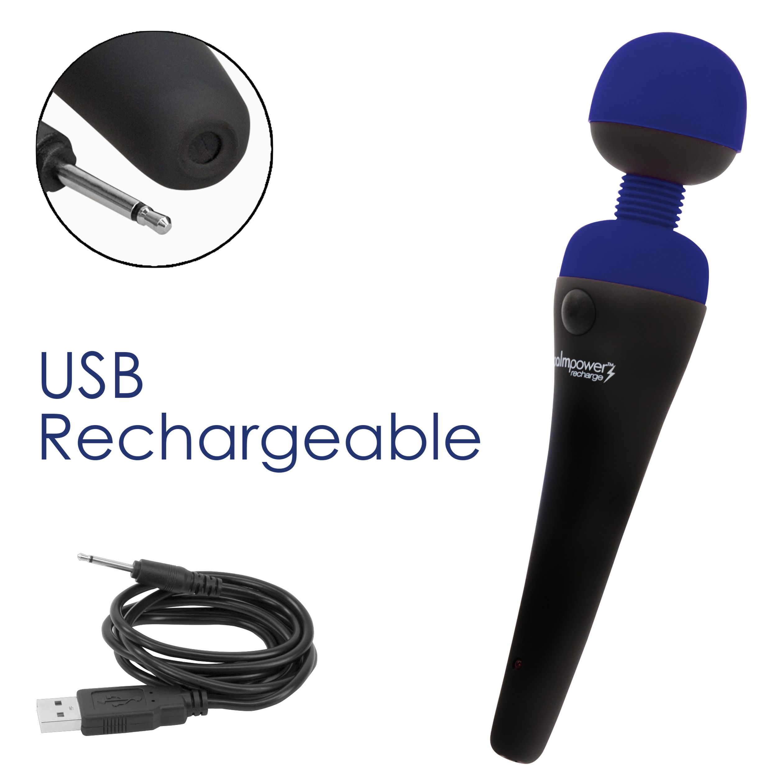 Ein schwarzer und blauer Vibrator mit einem USB-Ladekabel. Der Text lautet USB Rechargeable.
