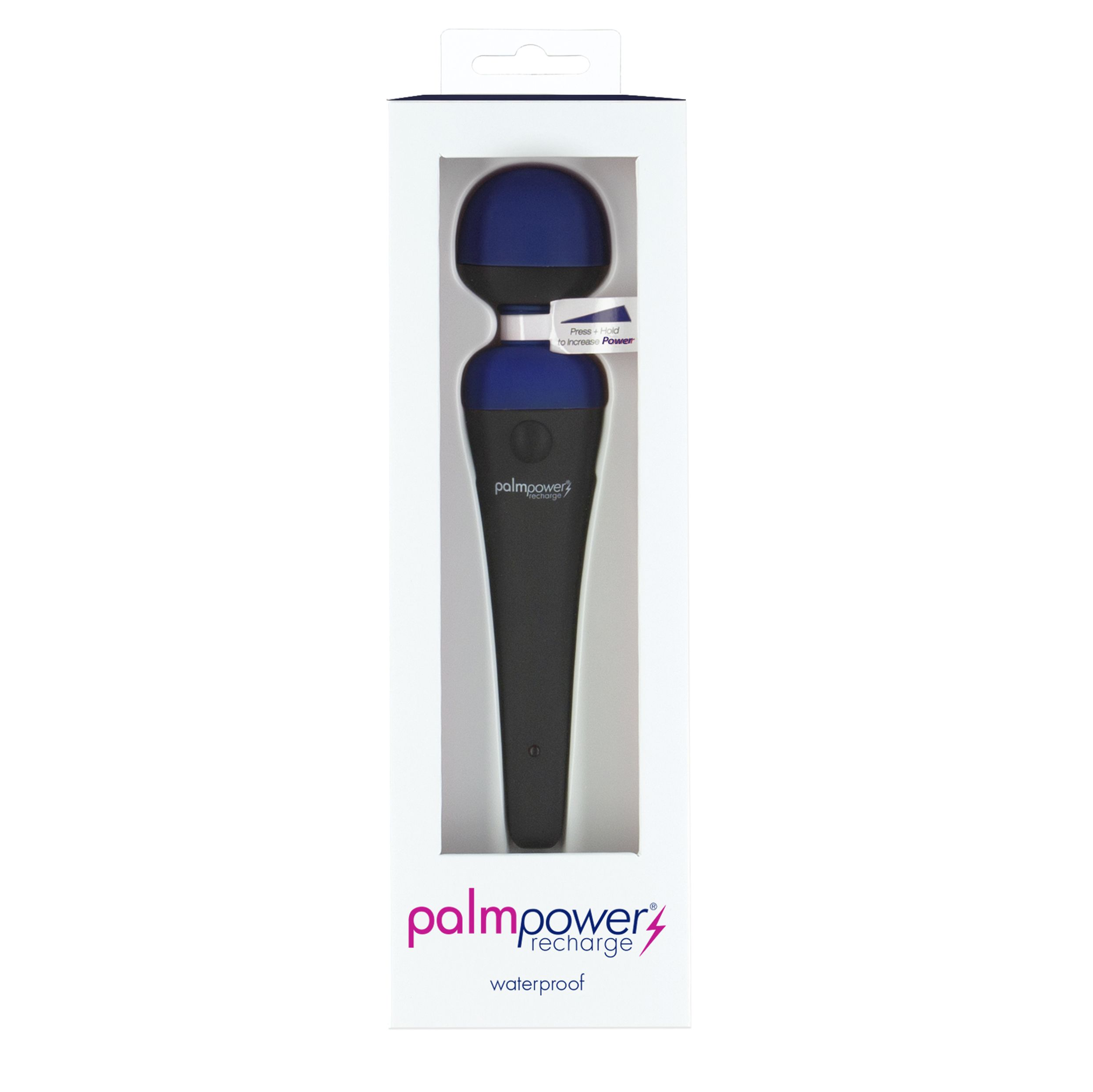 Ein blau-schwarzes PalmPower Recharge wasserdichtes Massagegerät in einer weißen Box. Text zeigt, wie die Leistung gesteigert werden kann.