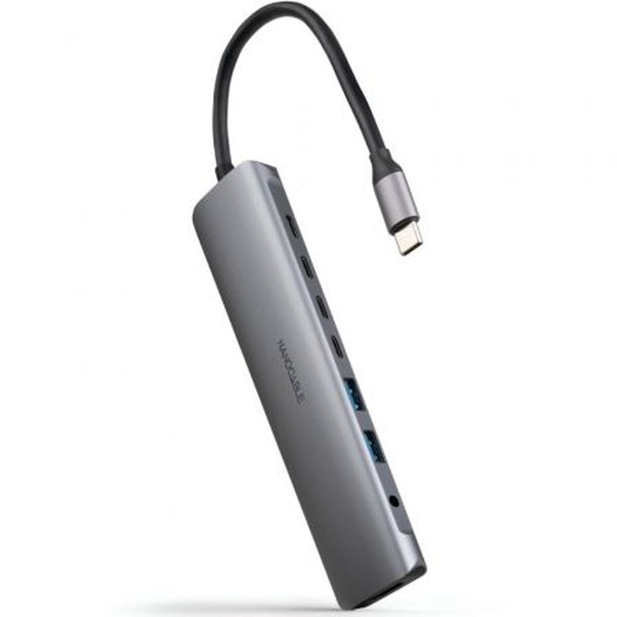 Ein grauer Nanocable USB-C-Hub mit mehreren Anschlüssen und einem schwarzen Kabel. Das Kabel biegt sich nach oben und endet mit einem USB-C-Anschluss.