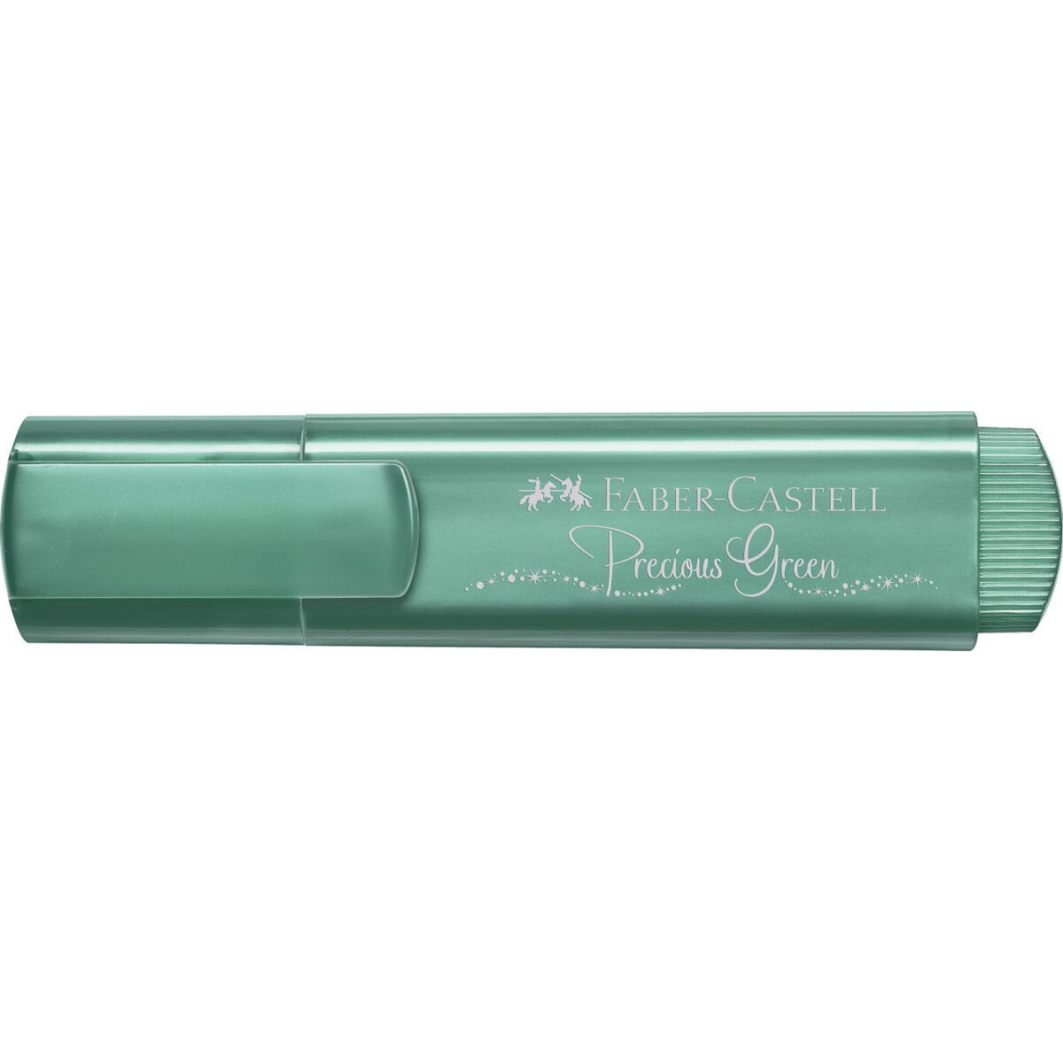 Ein hellgrüner Faber-Castell Textmarker. Er hat eine Kappe, eine Schreibspitze und die Aufschrift "Precious Green" und "Faber-Castell".