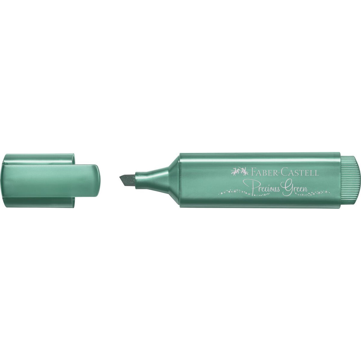 Ein mintgrüner Faber-Castell Precious Green Textmarker mit abgenommener Kappe, der auf einer weißen Oberfläche liegt. Die Spitze ist dunkelgrau.