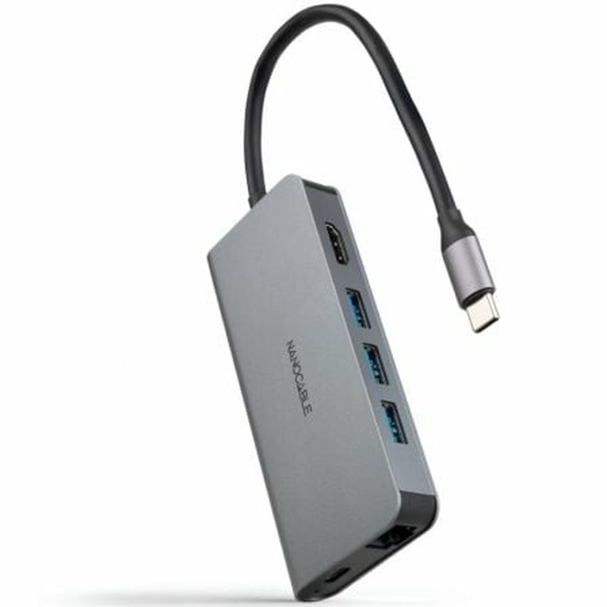 Un hub USB-C Nanocable argentato con porte HDMI e USB. Ha un cavo nero e un connettore USB-C su sfondo bianco.
