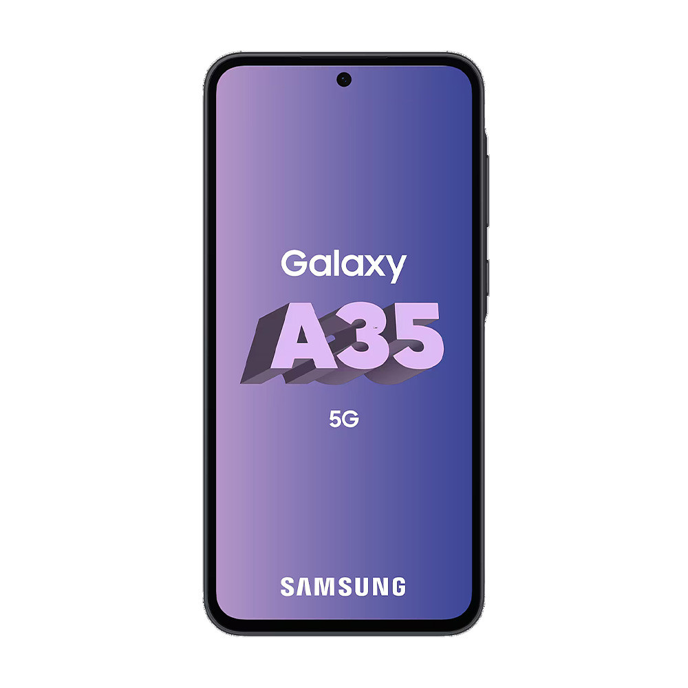 Smartfon Samsung Galaxy A35 5G na białym tle. Ekran wyświetla nazwę modelu i logo.