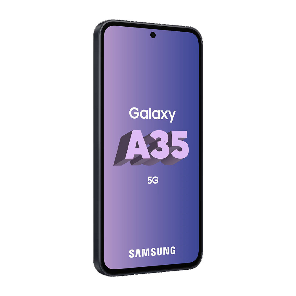 Smartfon z fioletowym ekranem wyświetla 'Galaxy A35 5G' i logo Samsung. Ma czarną ramkę i białe tło.