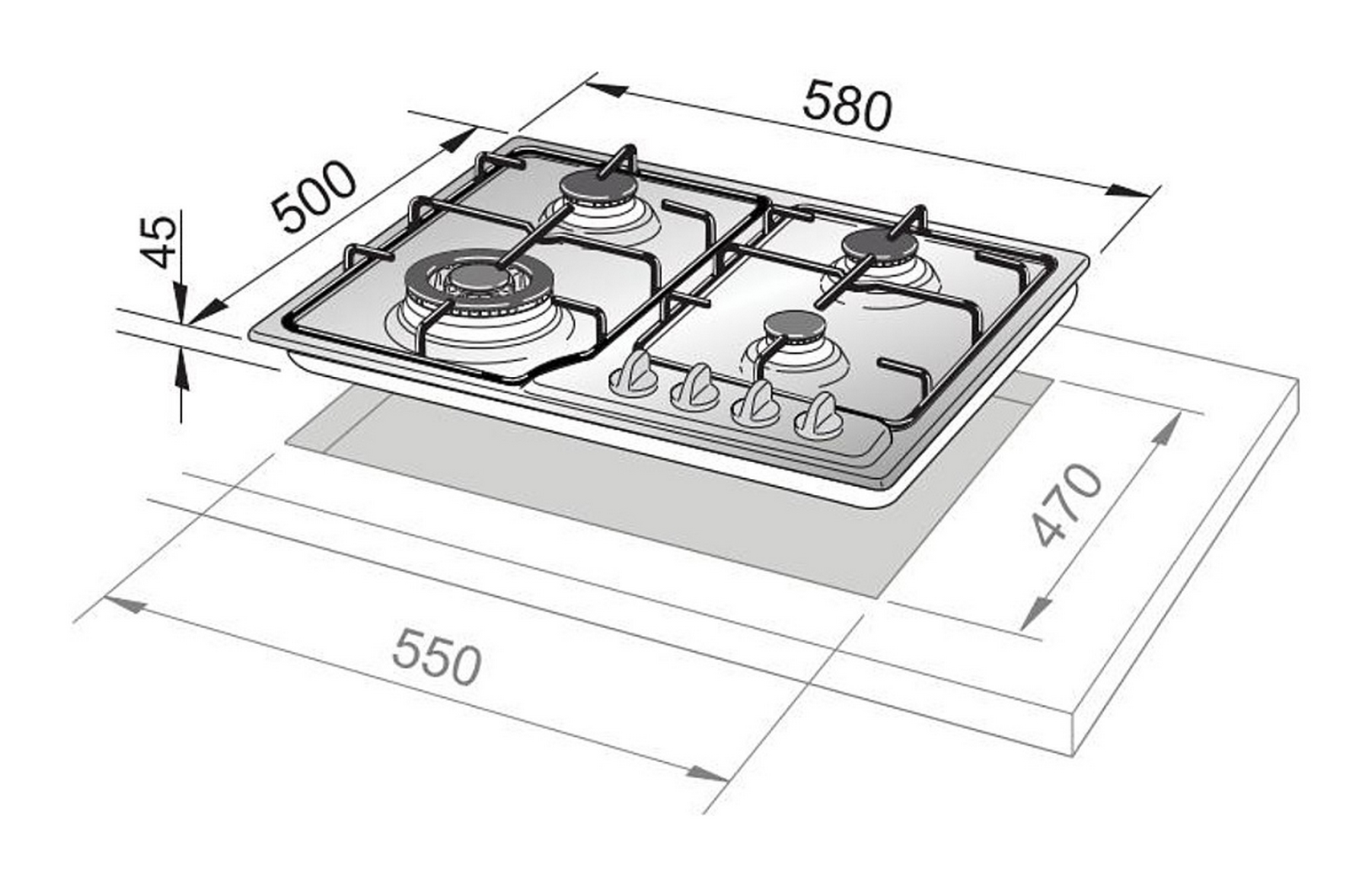 Płyta gazowa z czterema palnikami. Wymiary wskazane: 500x580 mm. Płyta znajduje się na powierzchni 550x470 mm.