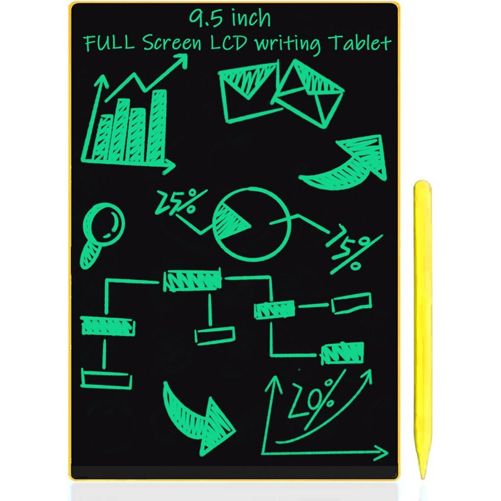 Una tableta de escritura LCD negra con diagramas verdes. Un lápiz amarillo está a la derecha. El texto dice '9.5 pulgadas FULL Screen LCD writing Tablet'.